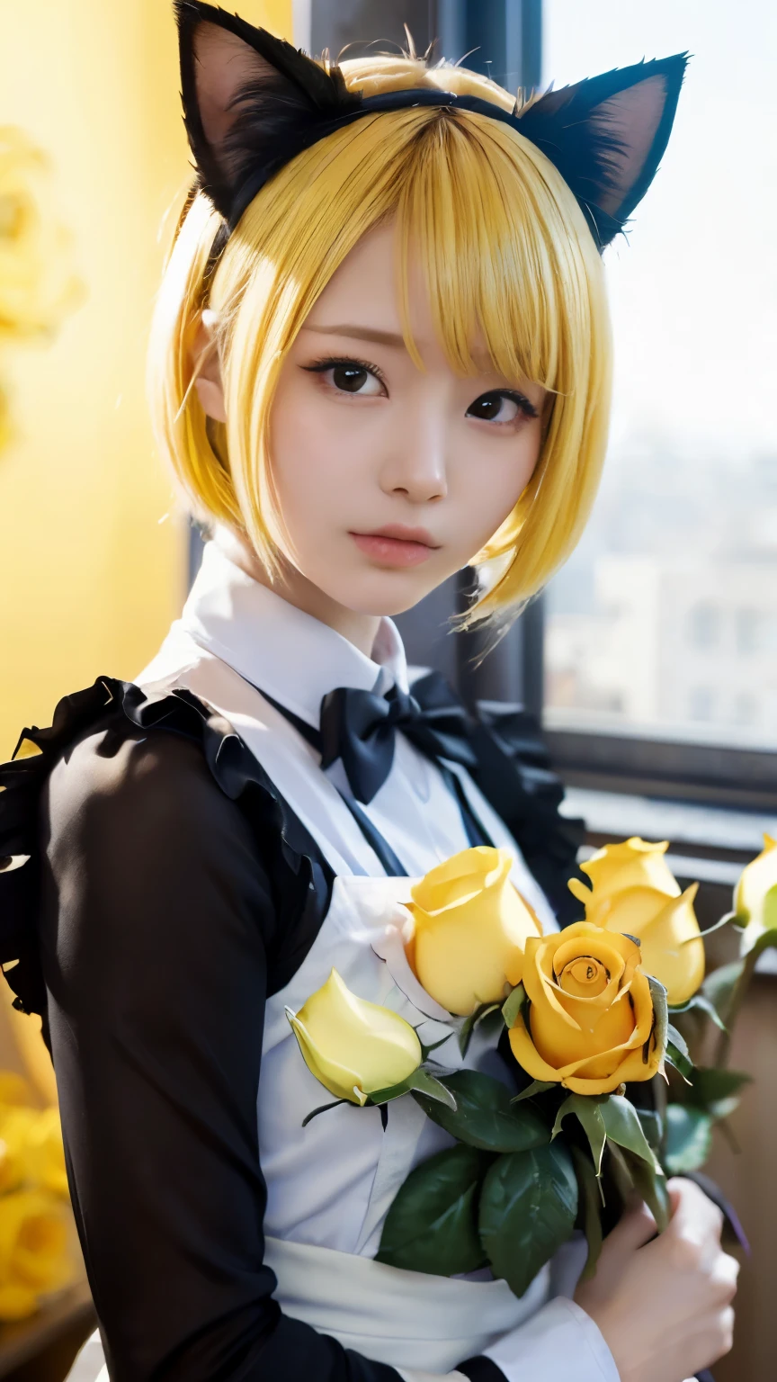 (Emo art:1.6), masterpiece, 4k, Bokeh, high school girls, (Multiple girls:1.6), (Group photo:1.5), beautiful face,  (Cat ears:1.3), (Yellow bob hair:1.6) , (Japanese idol:1.6), Blushed face, (Blue maid costume :1.4), looking at the viewer, closeup, 
 (Yellow background :1.4), (Yellow rose room:1.6)