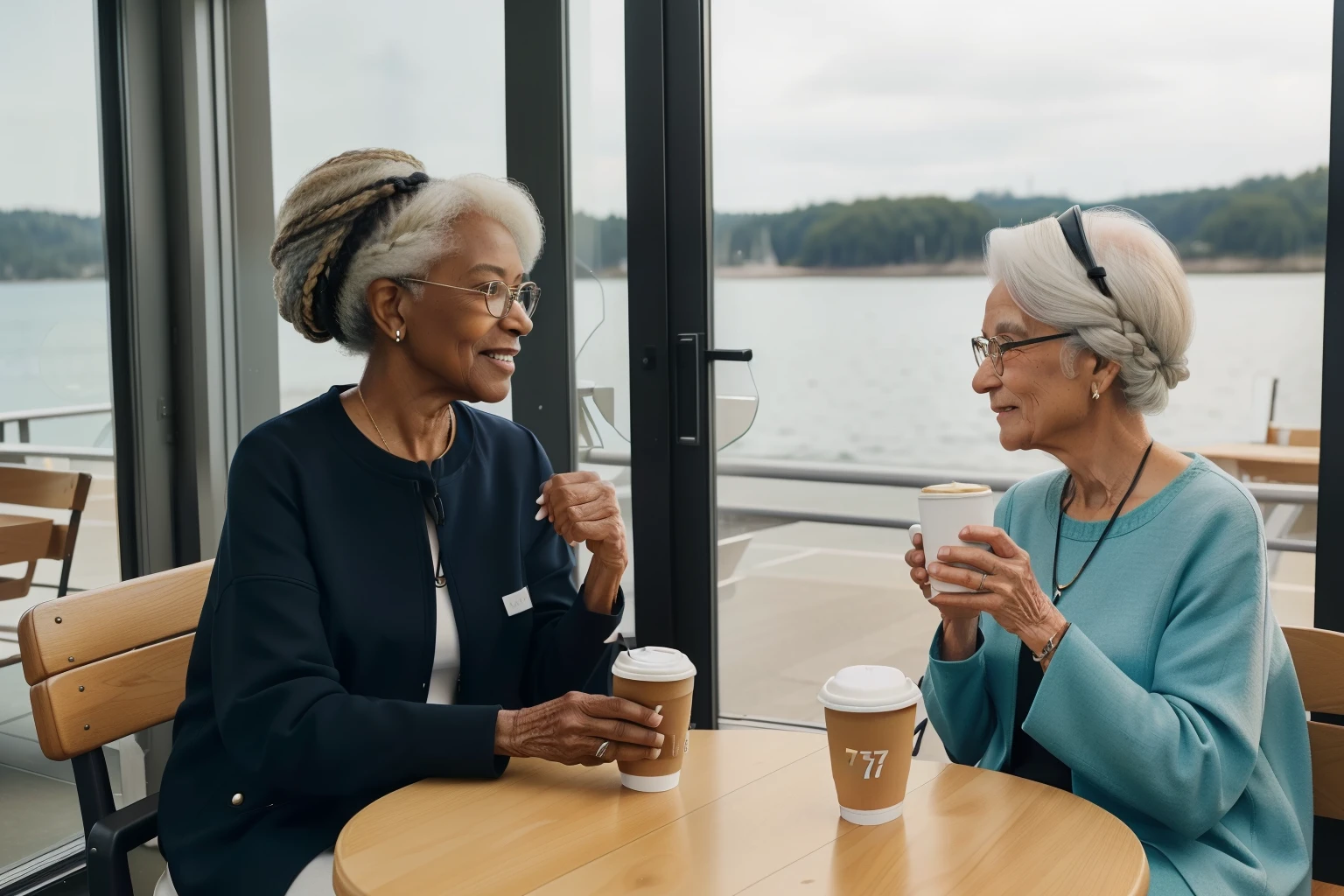 Sowell Bay, Washington, 2023. An old ((((70-year-old)) Tova Sullivan)), swedish woman, having coffee with a friend. ((((clothings from the 2020s)))), ((hairstyle of the 2020s))