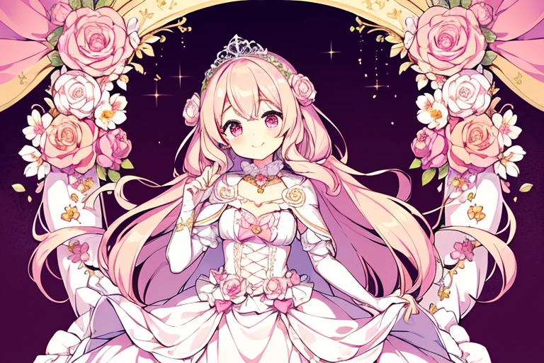 (kawaii),(best quality),(ultra detailed), upper body,(rococo style),(long train pastel pink cape:1.15), very long cape,(long train white ball gown with flower decorations), a girl is wearing a cape over her gown, 1 little princess, tiara, smile, small breasts, very long hair