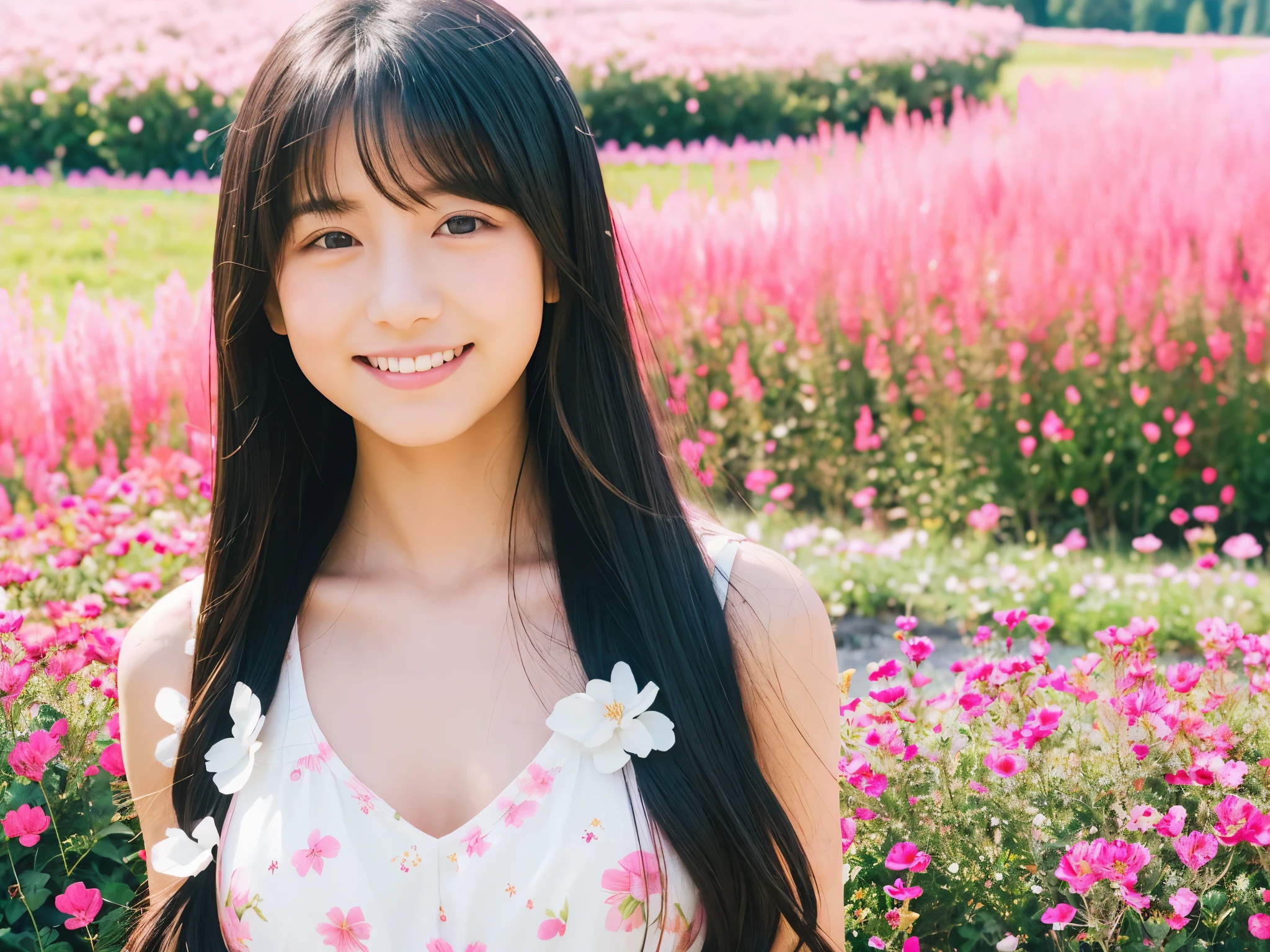 A young, cute and kind girl 

long hair with no curls 

(black hair) 

calm smile 

D cup breasts 

girl wearing a camisole 

(white camisole) 

A flower garden all over the ground 

(pink flower field) 

clear and beautiful sky 

contrails in the sky 

japanese girl 

