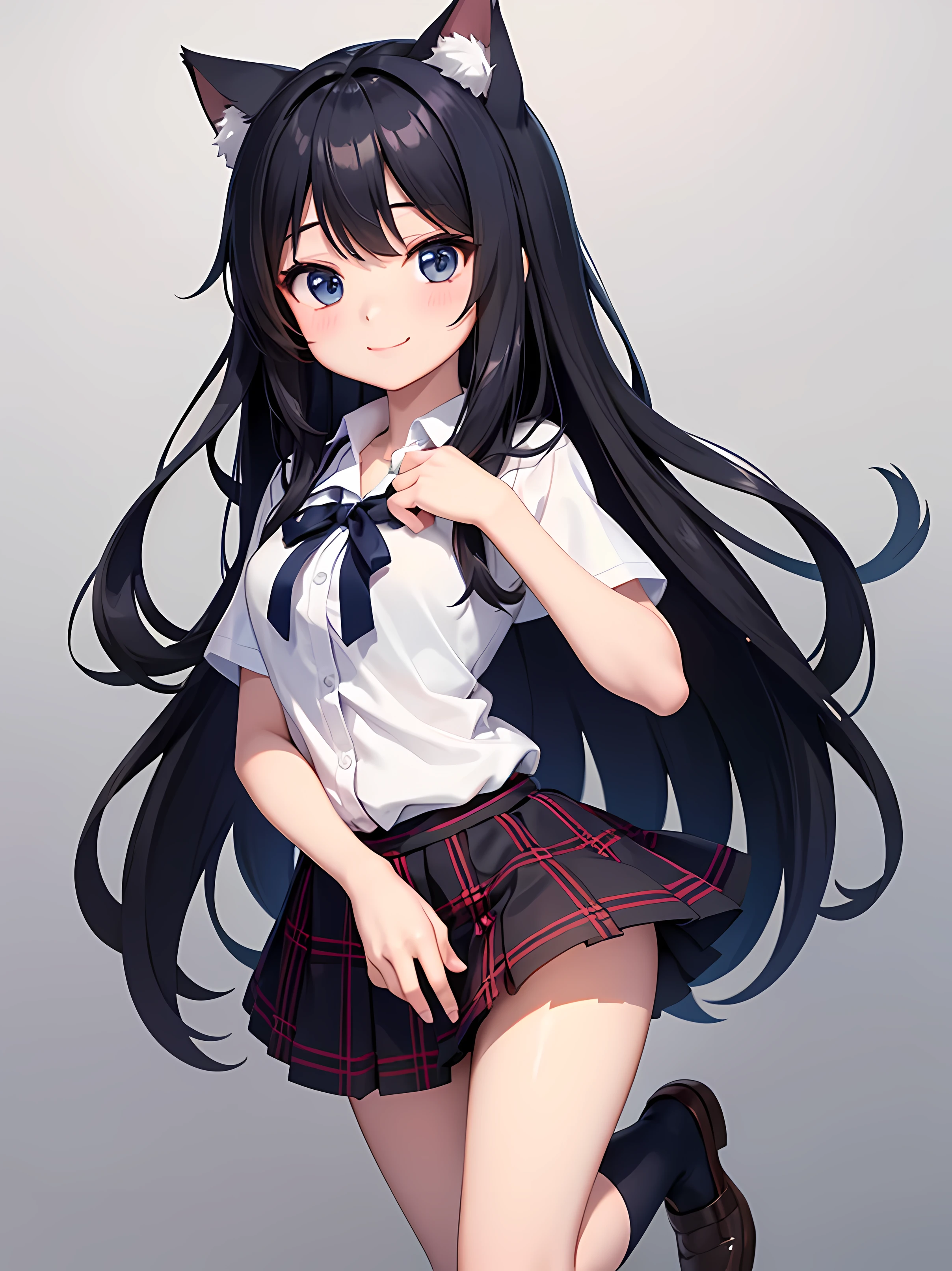 girl,one person, long black hair, Cat ear, Cute anime visuals, , high school girl, ribbon on the chest, tartan check miniskirt, white short sleeve shirt, navy blue socks, smile, blank background, whole body, high quality,white shirt,smile,white button