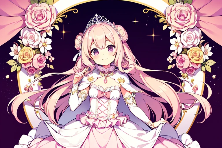 (kawaii),(best quality),(ultra detailed), upper body,(rococo style),(long train pastel pink cape:1.15), very long cape,(long train white ball gown with flower decorations), a girl is wearing a cape over her gown, 1 little princess, tiara, smile, small breasts, very long hair