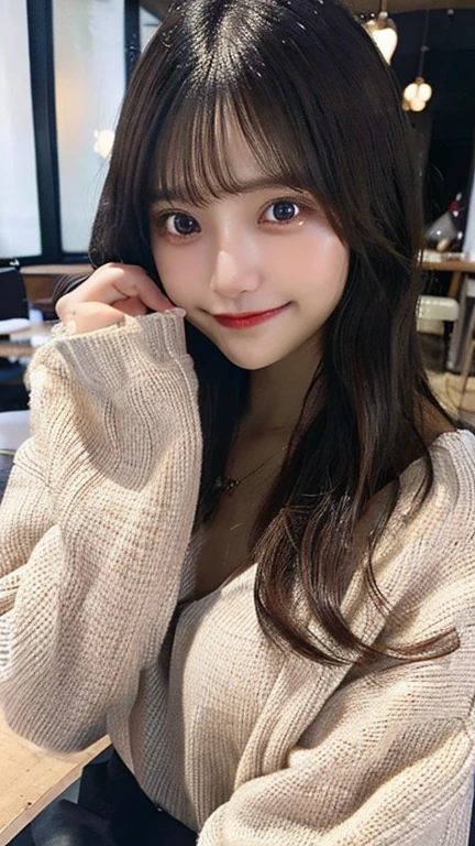 masutepiece, Best Quality, Illustration, Ultra-detailed, finely detail, hight resolution, 8K Wallpaper, Perfect dynamic composition, Beautiful detailed eyes, Trendy Women's Fashion Winter Clothes,Bun hair,Small breasts natural color lip, sexypose,Smile,Harajuku、20 years girl、Cute、is looking at the camera