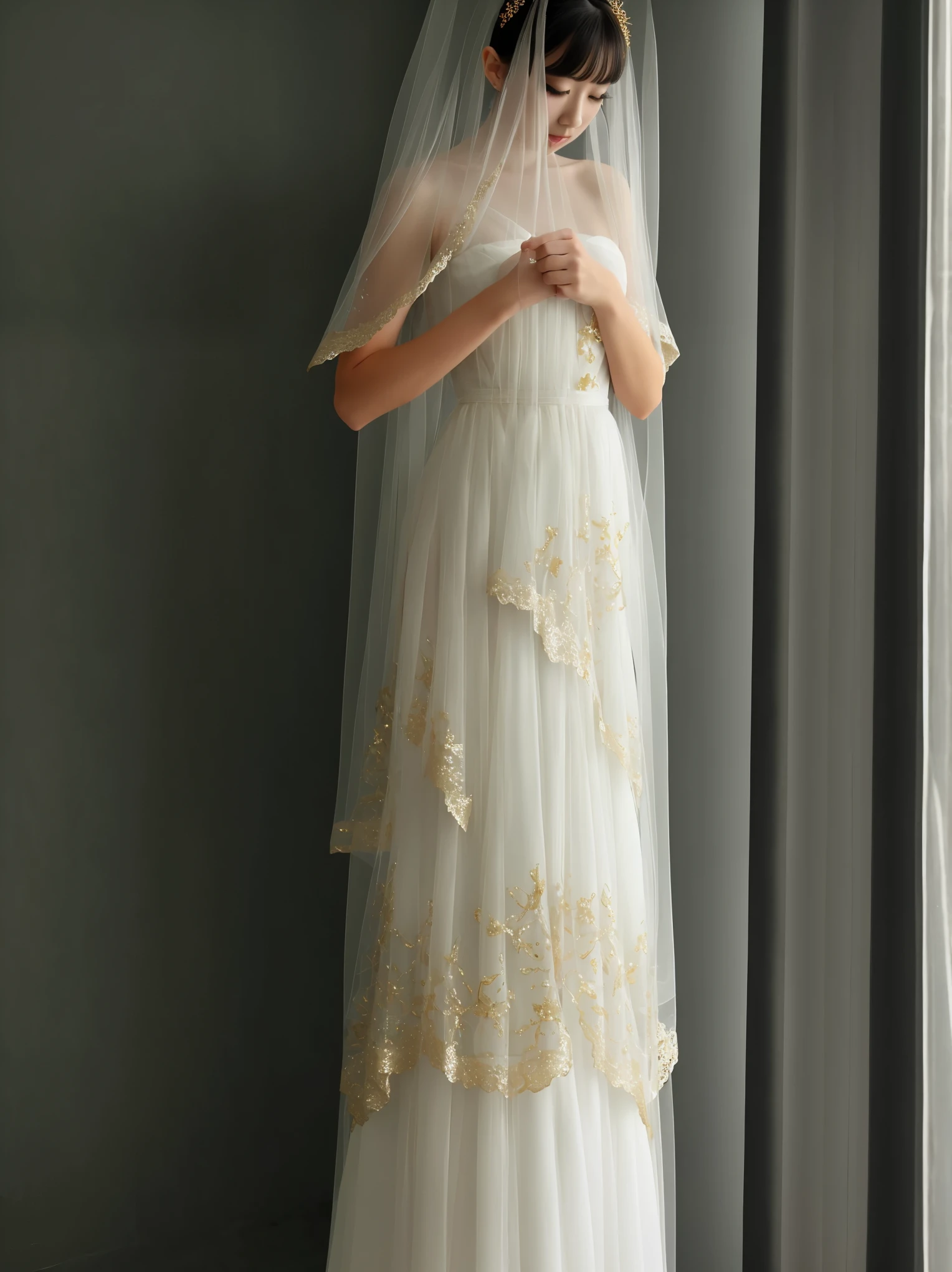 Gold lace，transparent veil，Girl in white dress,。long robe, wearing long robe, voile dress, flowing robe, 长robe. extremely high detail, dress, 旗robe, translucent dress, Elegant and elegant long skirt, robe, moth inspired dress