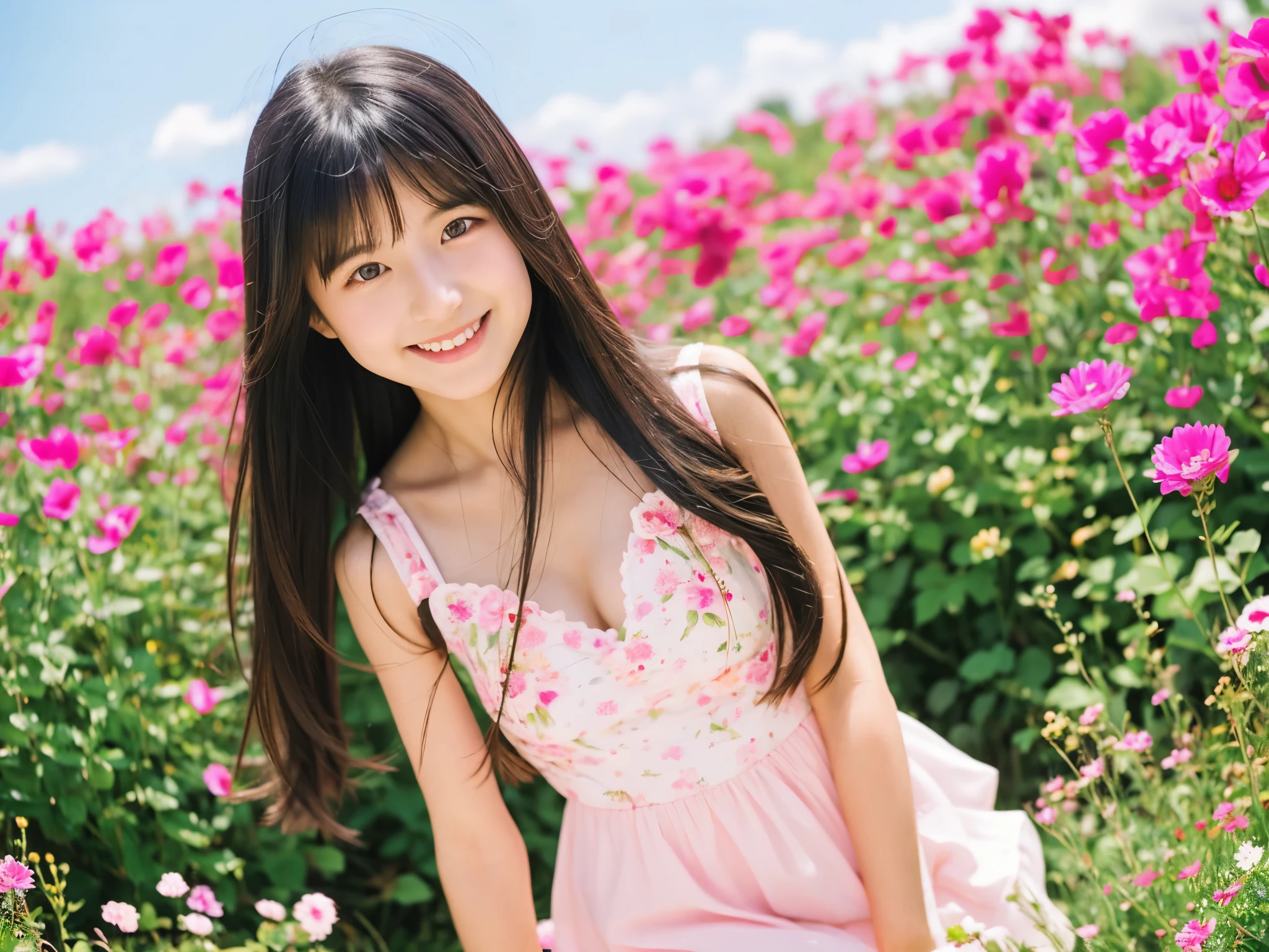 A young, cute and kind girl
long hair with no curls
(black hair)
calm smile
D cup breasts
girl wearing a camisole
(white camisole)
A flower garden all over the ground
(pink flower field)
clear and beautiful sky
contrails in the sky
japanese girl