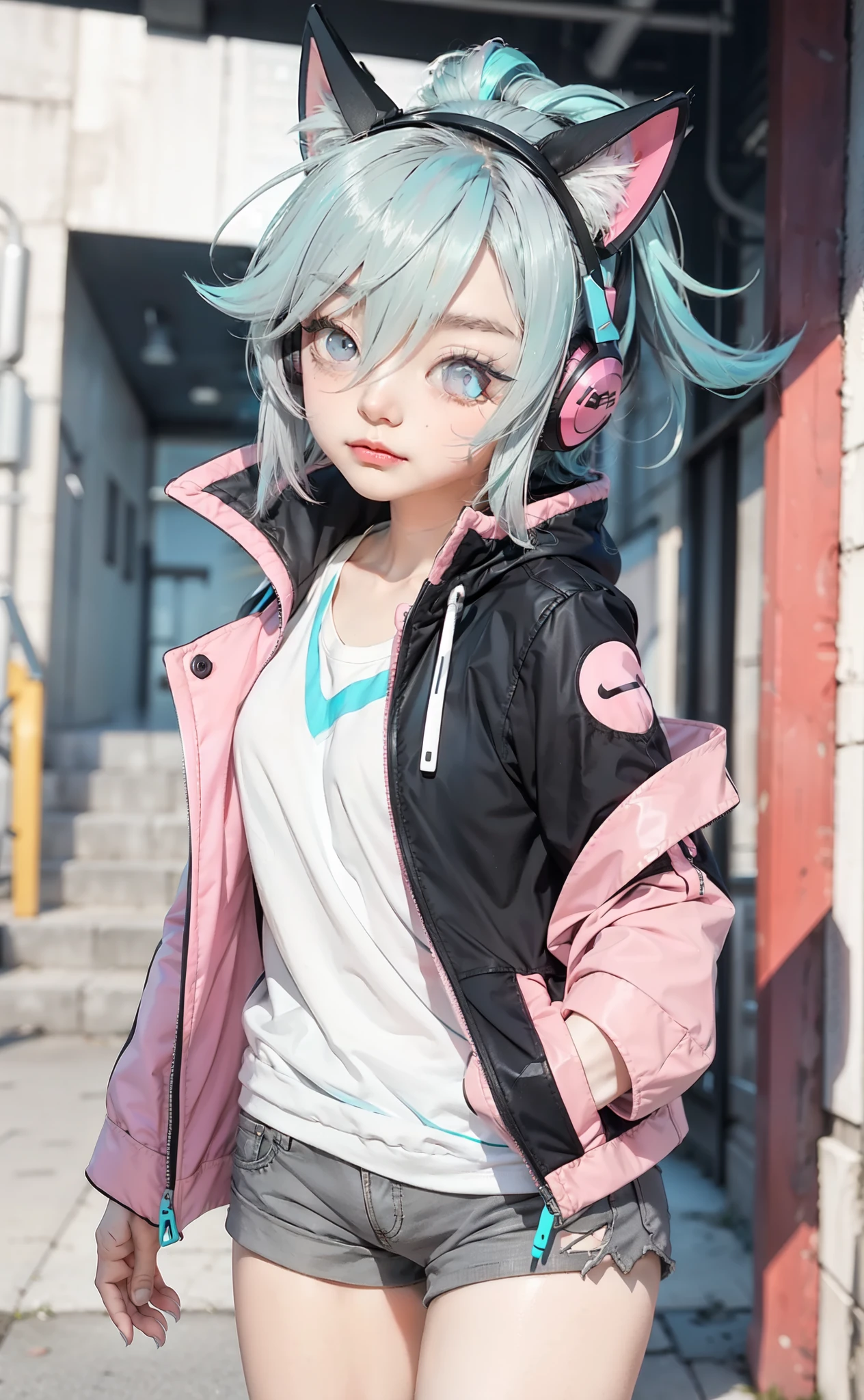 e, (confident gamer girl:1.3), cyan hair, ponytail, top quality, best quality, (character design:1.3), (1girl:1.3), cyberpunk, snaggletooth, (grey and pink colored eyes:1.4), (beautiful detailed eyes), black and white outfit, (sports bra:0.7), shorts, (open jacket), (hair over eyes), (side swept hair:1.5), (dramatic front hair), (spiky bangs), (bangs pulled back), cat ears, cat tail, headphones, pokemon trainer, genshin character