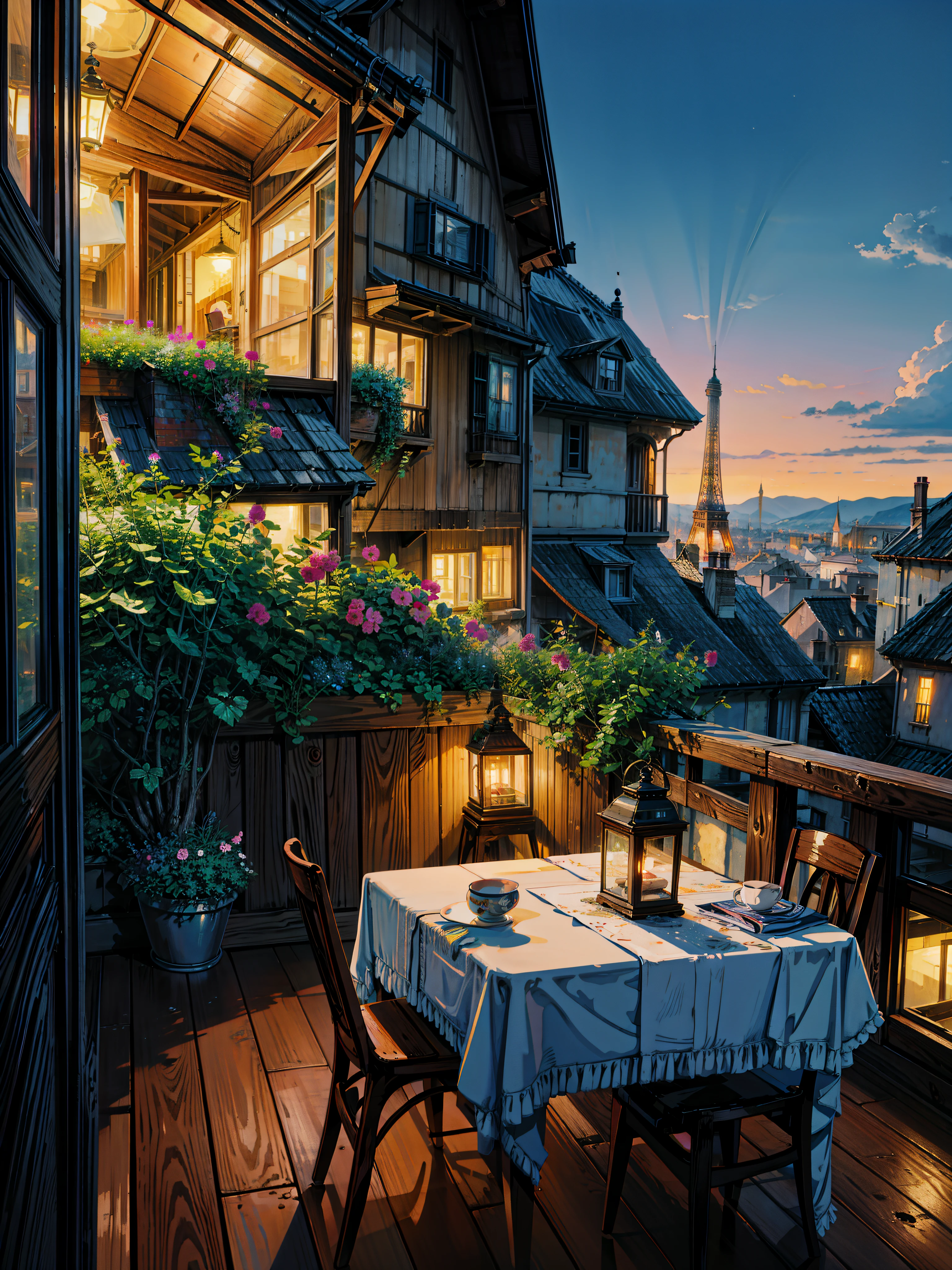 a painting of a table and chairs on a balcony, by Evgeny Lushpin, beautiful terrace, inspired by Evgeny Lushpin, rooftop romantic, romantic atmosphere, tomas kinkade, terrace, dreamy night, paris background, serene evening atmosphere, romantic scene, thomas kinkade style painting, thomas kinkade painting, romanticism painting, kinkade, by Thomas Kinkade,  4k hd,, beautiful art uhd 4 k, a beautiful artwork illustration, beautiful digital painting, highly detailed digital painting, beautiful digital artwork, detailed painting 4 k, very detailed digital painting, rich picturesque colors, gorgeous digital painting