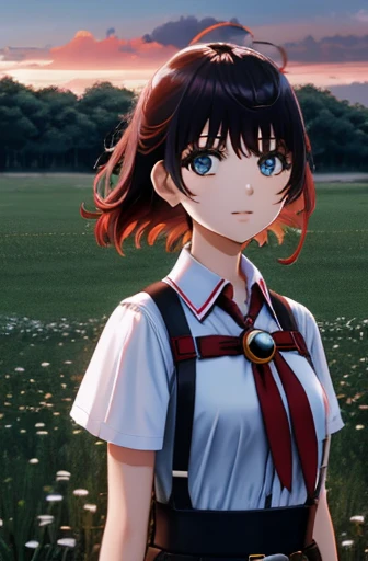 There is a woman wearing a red tie standing in the field, soft 8k portrait shot, Young Asian woman, Filmed with Canon EOS R5, Filmed with a Canon EOS R5 camera, تم التقاطها بكاميرا Canon EOS 5 D Mark IV, 8k portrait shot, Taken with Canon 5D Mk4, Taken with a Sony Alpha 9