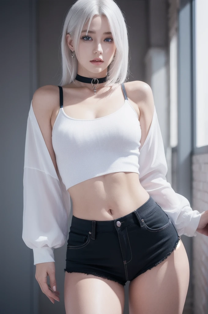 photorealistic, high resolution, 1 girl, white hair,(choker), korean, blue eyes, shor hair, white shirt, skimpy tight black shorts, thick thighs, a lot of details