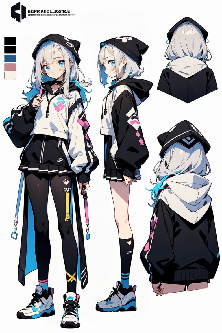 1 Solo girl, anime illustration, refsheet, turnaround, girl, anime styled, character design, 2d, oversized hoodie and a skirt, black and gray, light skin, white long hair, blue eyeackground