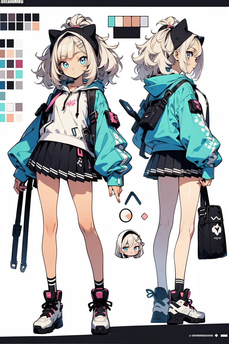 1 Solo girl, anime illustration, refsheet, turnaround, girl, anime styled, character design, 2d, oversized hoodie and a skirt, black and gray, light skin, white long hair, blue eyeackground