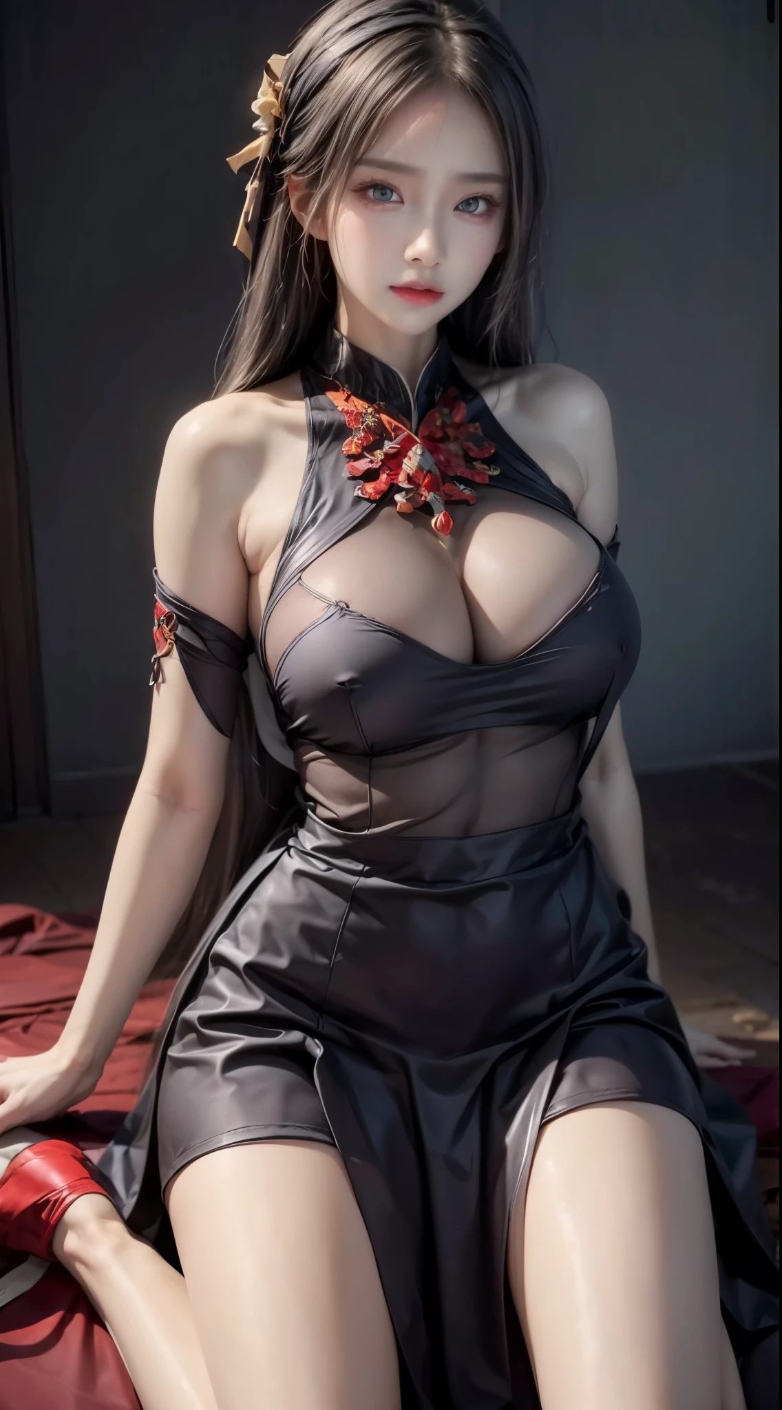 realistic, 1gril, per HD, 12k, wearing Allstars shoes, slim body, rather big body, six pack body, big round breasts, no clothes, beautiful breasts, looking at the camera, sitting on the sofa, long black hair, facial details, detailed person, body details, clothing details, hair details, body details, body details, breast details, vagina details, clothes, eye details, sweat details, water details, pose (knees bent and legs wide apart) whole body