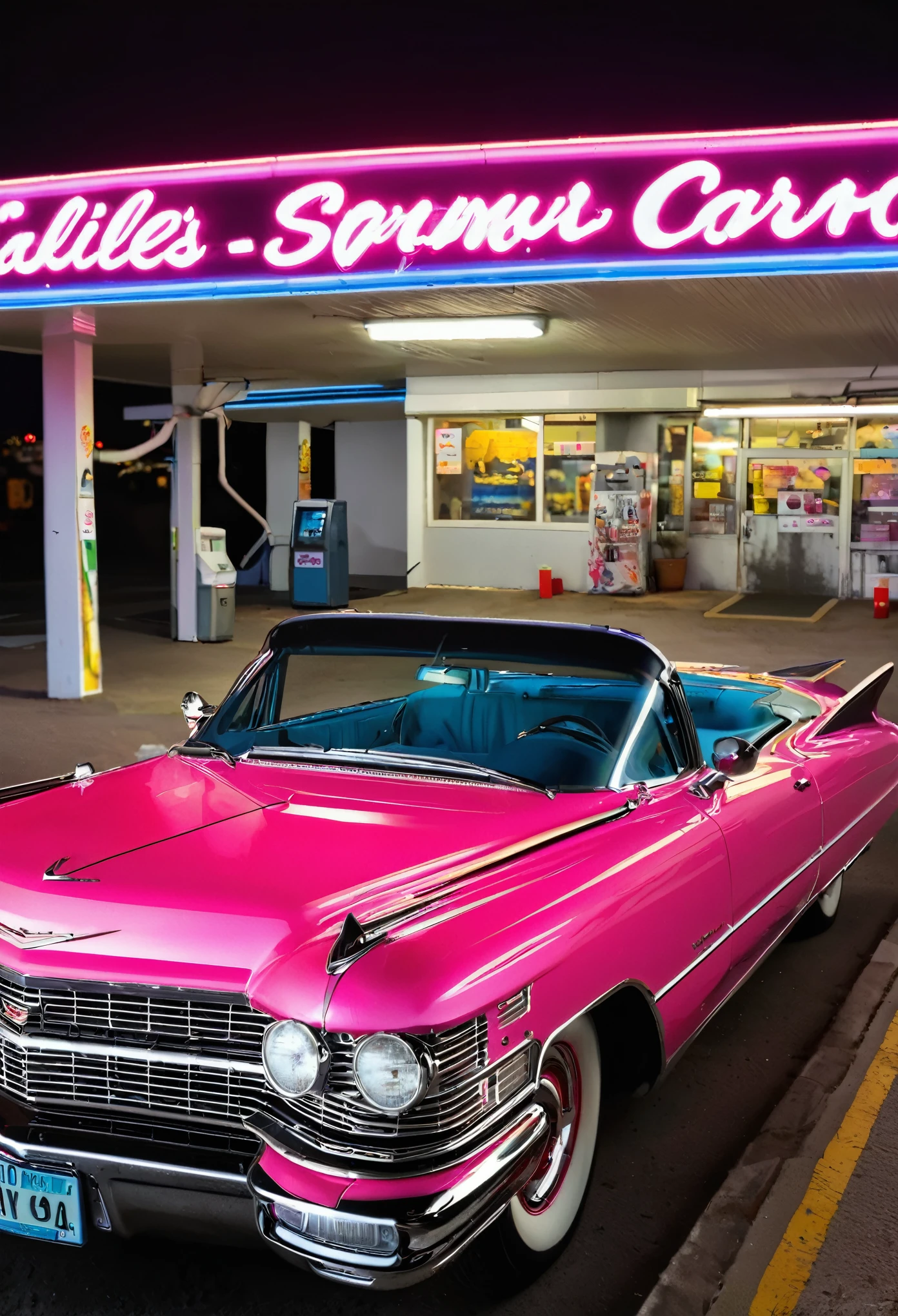 imagem inteira, diagonal photo of a 1959 Cadillac Eldorado Biarritz convertible in shiny polished metal bright pink color, cauda longa, a pintura reflete tudo ao seu redor, estilo ciberpunk, cercado de luz neon colorida, roda grossa, roda dourada, detalhes em dourado, Woman in sunglasses driving, neon na pintura do carro, pintura reflexiva que reflete tudo ao seu redor, farol detalhado, farol muito detalhado, as detailed as possible, hyper-realistic as realistic as possible, It&#39;s in a cyberpunk-style gas station with pink and blue neon lights everywhere,  melhor qualidade, CRU, obra-prima, foto super fina, melhor qualidade, super high resolution, fotorrealista, luz solar, enquadrando o carro inteiro na foto, incrivelmente bonito,, dynamic poses, the car is complete in the image