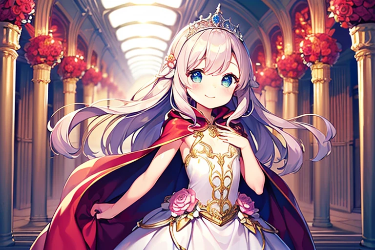 (kawaii),(best quality),(ultra detailed), upper body,(rococo style),(long train pastel pink cape:1.15), very long cape,(long train white ball gown with flower decorations), a girl is wearing a cape over her gown, 1 little princess, tiara, smile, small breasts, very long hair