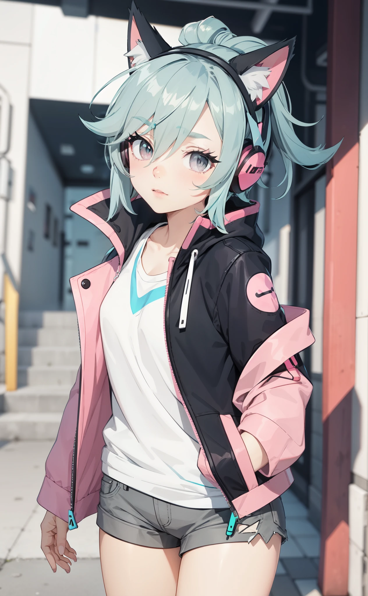 e, (confident gamer girl:1.3), cyan hair, ponytail, top quality, best quality, (character design:1.3), (1girl:1.3), cyberpunk, snaggletooth, (grey and pink colored eyes:1.4), (beautiful detailed eyes), black and white outfit, (sports bra:0.7), shorts, (open jacket), (hair over eyes), (side swept hair:1.5), (dramatic front hair), (spiky bangs), (bangs pulled back), cat ears, cat tail, headphones, pokemon trainer, genshin character