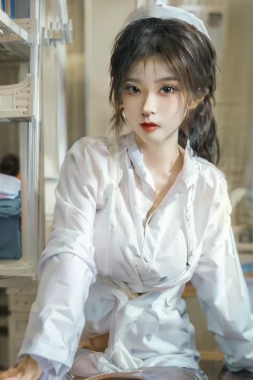 8K, Super details, Curation, best quality, masterpiece, 1 girl,alone,Nurse, Detailed face, double ponytail, black hair, 白色Nurse帽, whole body, White clothes, table, floor