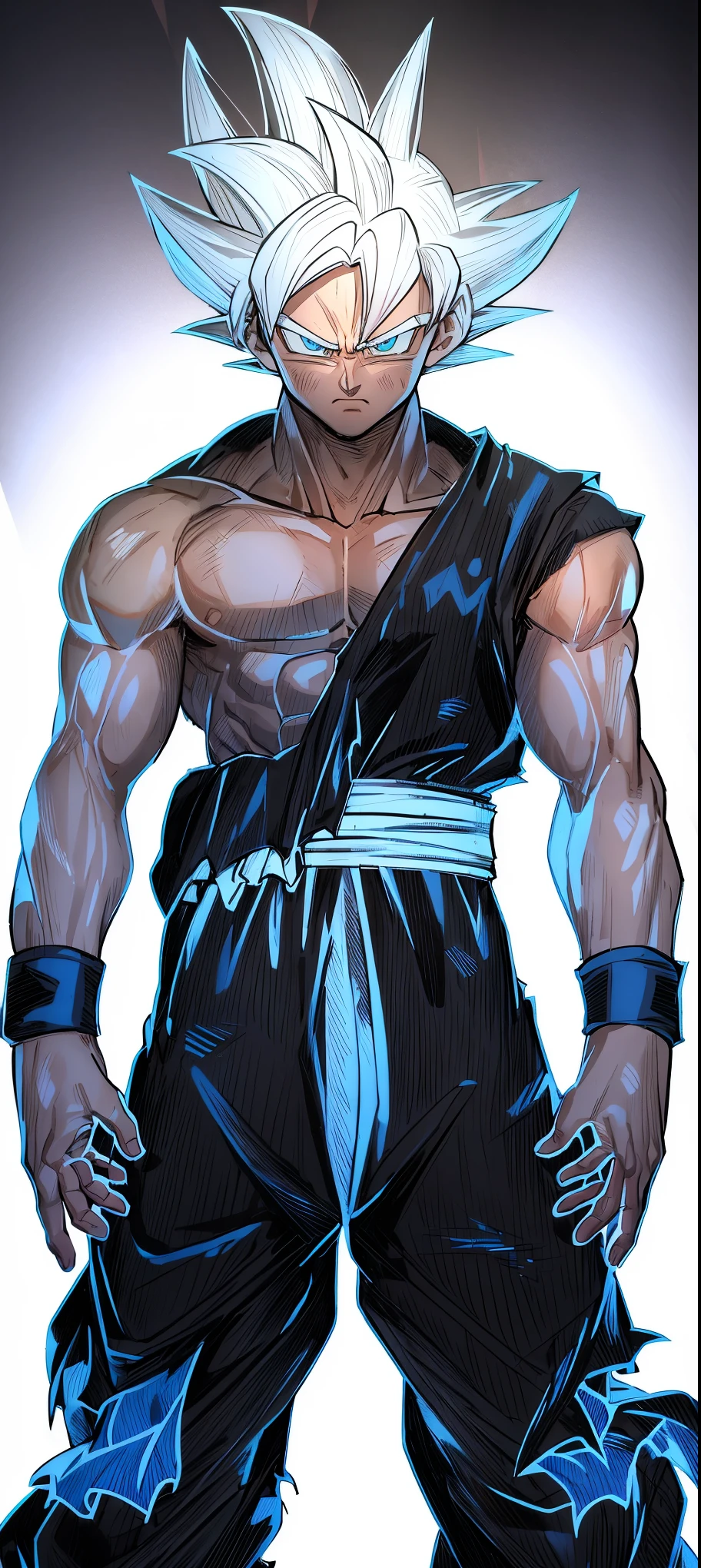 son goku, 1boy, closed mouth, male focus, muscular, muscular male, rock, sash, serious, solo, spiked silver hair, topless male, torn clothes, ultra instinct, blue eyes, silver hair, ((masterpiece))