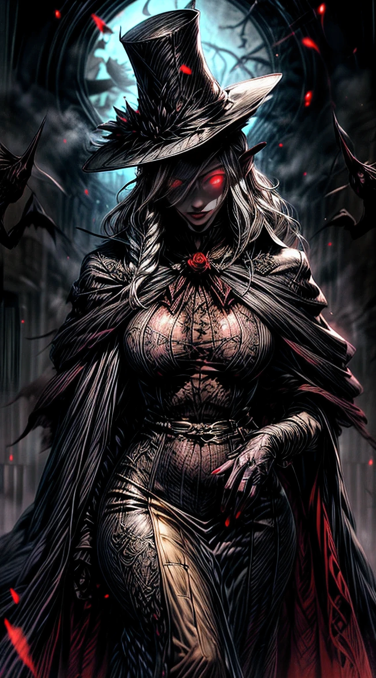 （comical，A high resolution，super-fine），（Vampires），（((Red glowing eyes))）looks into camera，evil look，Clear facial features，busty, curvy hips,（Top hat），Vampire fangs exposed，Dressed in a gorgeous see-through Gothic dress，Silvery hair，rosette，Skull decoration，the bats，The body is surrounded by a red mist，rays of moonlight，Kingly temperament，cinematic rim light，The light is delicate，tmasterpiece，ultra - detailed，Epic composition，Super HD，high qulity，HighestQuali，32k