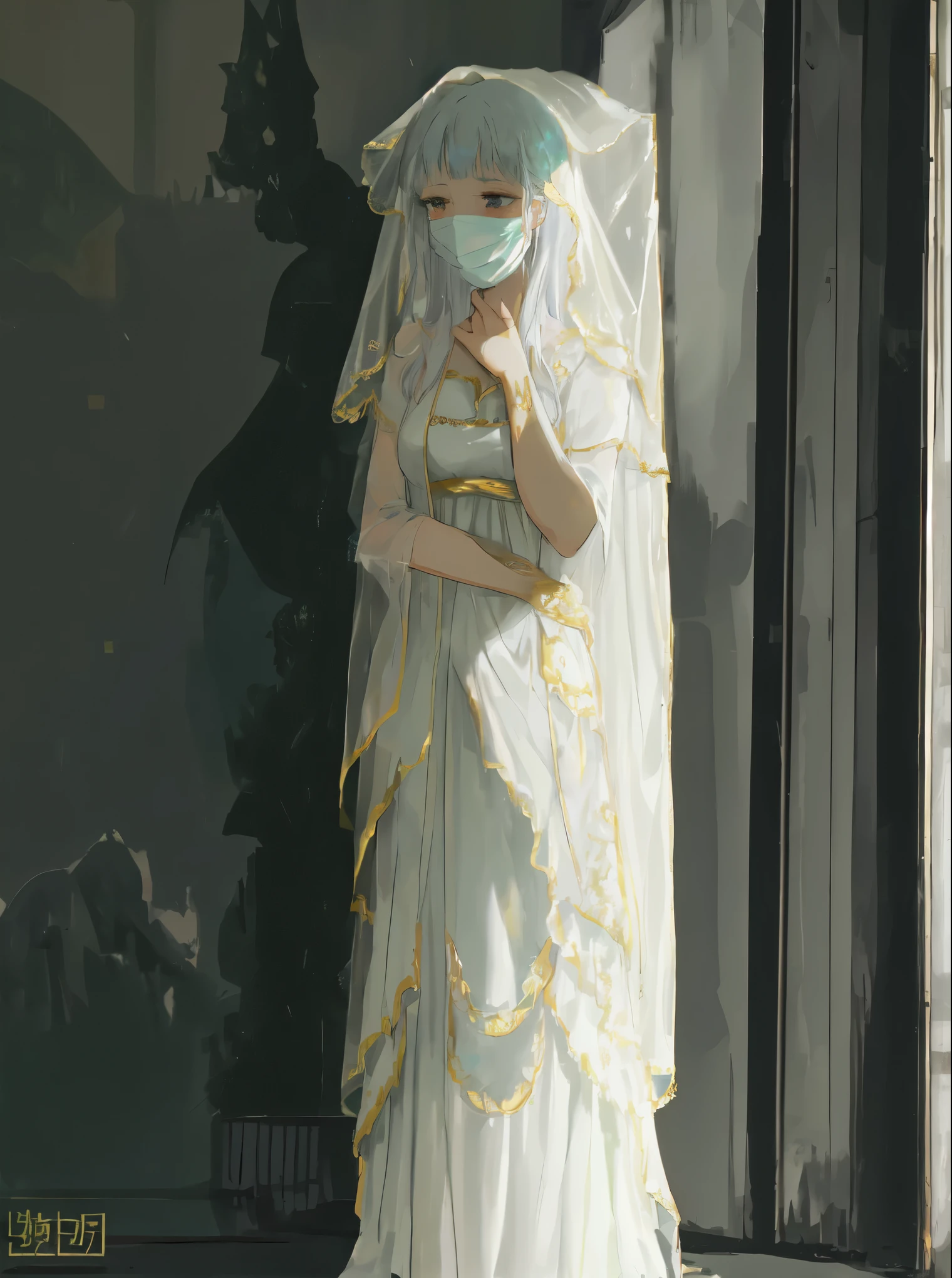 HD,masterpiece,High brightness,sunshine,best quality,Girl in a white dress with a golden lace veil,Cover the face and only show the chin, long robe, voile dress,, 长robe. extremely high detail, translucent dress, Elegant and elegant long skirt, robe, moth inspired dress,(long white hair)。
