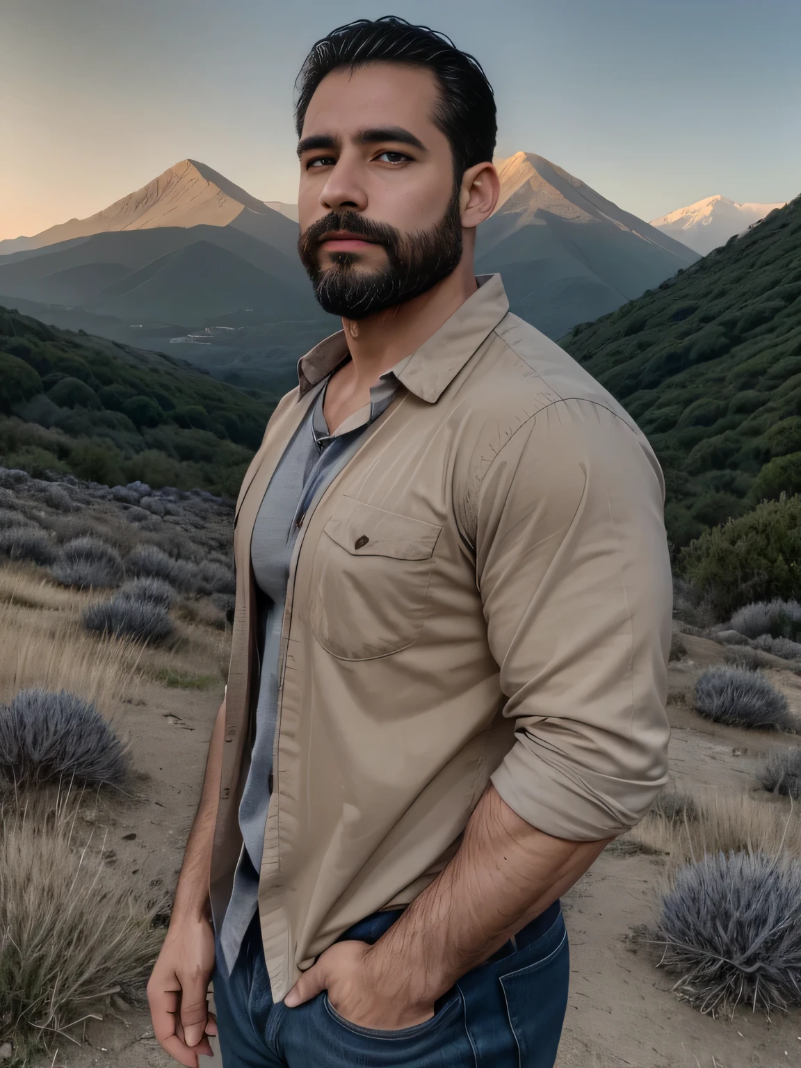 obra maestra, Mejor calidad, high resolution, Retrato de primer plano, (2 chico:1.4) A man in a lumberjack suit, muscular, (con camisa: 1.2) enfoque masculino, enfocarse solo, piel bronceada, 38-year old man,  muscular, fuerte, peludo, Masculino, (descamisado: 1.2), In the background a mountain, in a city with a lot of traffic and pollution, amazing composition, Vista frontal, HDR, volumetric lighting, (plano general, desde el frente:1.2) (GS-Macho :1.5) (magnificent landscape:1.2)