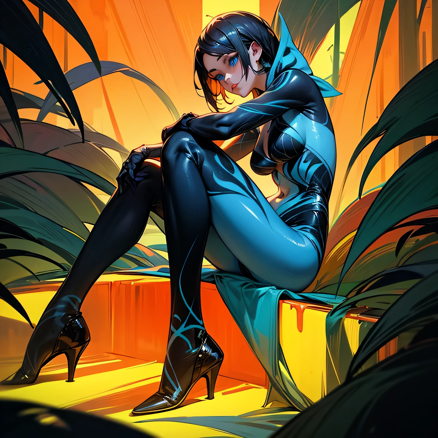 A beautiful fair woman blue eyes, full body portrait pretty face , photoshoot, supermodel, body painted, full body paint, background monochromatic, in the jungle , top model photoshoot, hyper realistic, sharp focus, intricate,neon nature, neon leaves, body painted