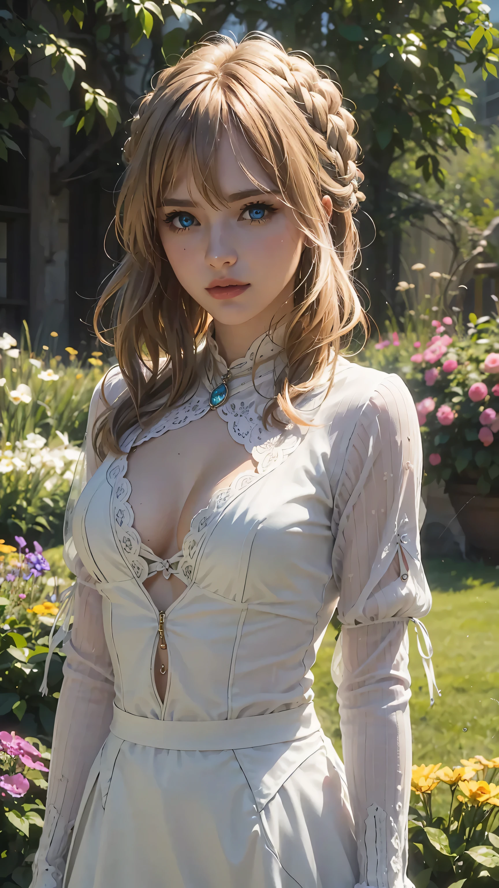 The tooltip for a given topic is as follows: "Girl with a European face, Aryan face, Violet, 1girl, (Solo focus), (view the viewer), Blue eyes, Blonde hair, (Best Quality, 4k, 8K, hight resolution, Masterpiece:1.2) Ultra-detailed features, including realistic, Photorealistic eyes and face. The image shows a medium (Insert Material) that resembles an illustration, oil painting, or 3D rendering. Girl in garden with bright flowers and sharp focus, soft studio lighting. The overall atmosphere is calm and serene, with a touch of unearthly beauty. The color scheme is dominated by shades of black, Creating a dreamy and surreal aesthetic.", Medium chest, slender body, unparalleled beauty sexy and very beautiful face, Sexy clothes with open chest and visible bra,