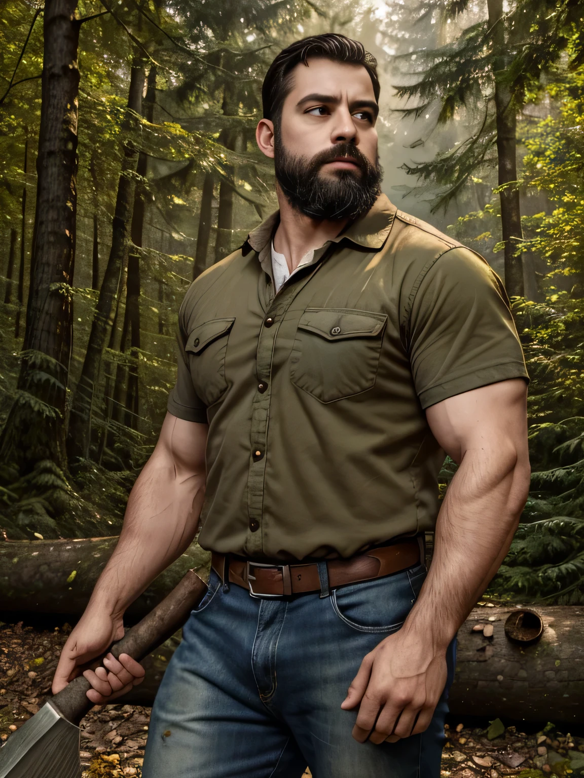 (best quality,highres),(realistic:1.37),portrait,painting,woodsman,bearded man,wearing plaid shirtand rugged jeans,holding an axe,strong and muscular physique,serious expression,beautiful detailed eyes,rough hands,standing in a dense forest surrounded by tall trees,soft sunlight streaming through the leaves,casting dappled shadows on his face,earthy color palette with warm tones and deep shades of green,bushy eyebrows and thick beard,faint scent of freshly cut wood in the air,background filled with fallen leaves and scattered logs,creating a rustic and cozy atmosphere.