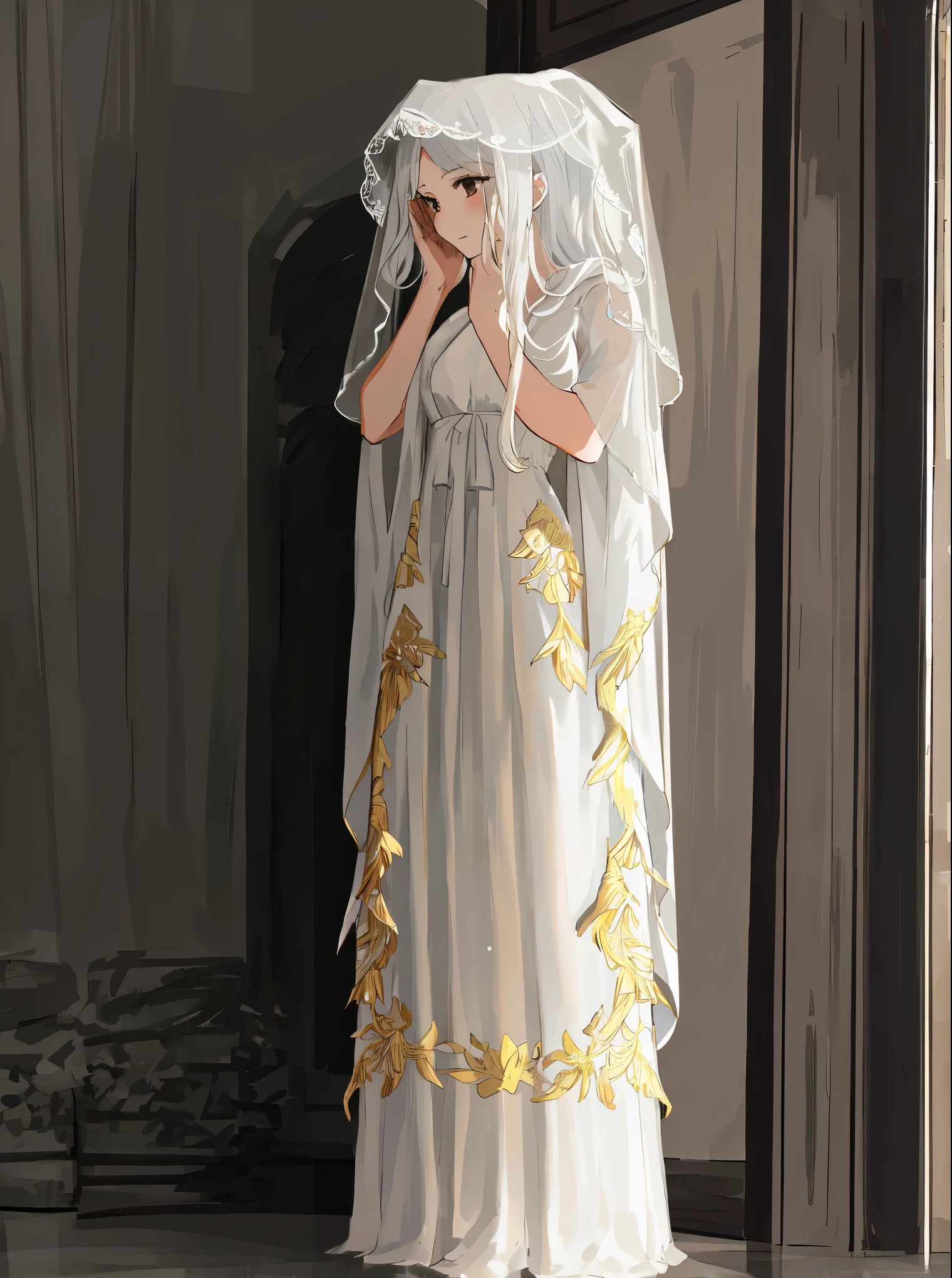 HD,masterpiece,High brightness,sunshine,best quality,Girl in a white dress with a golden lace veil,Cover the face and only show the chin, long robe, voile dress,, 长robe. extremely high detail, translucent dress, Elegant and elegant long skirt, robe, moth inspired dress,(long white hair)。