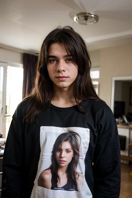 Create an 18 year old male boy, de tez blanca, con una sudadera negra, que tengs el cabello con un corte de librito o Mullet, y que sea como una selfie