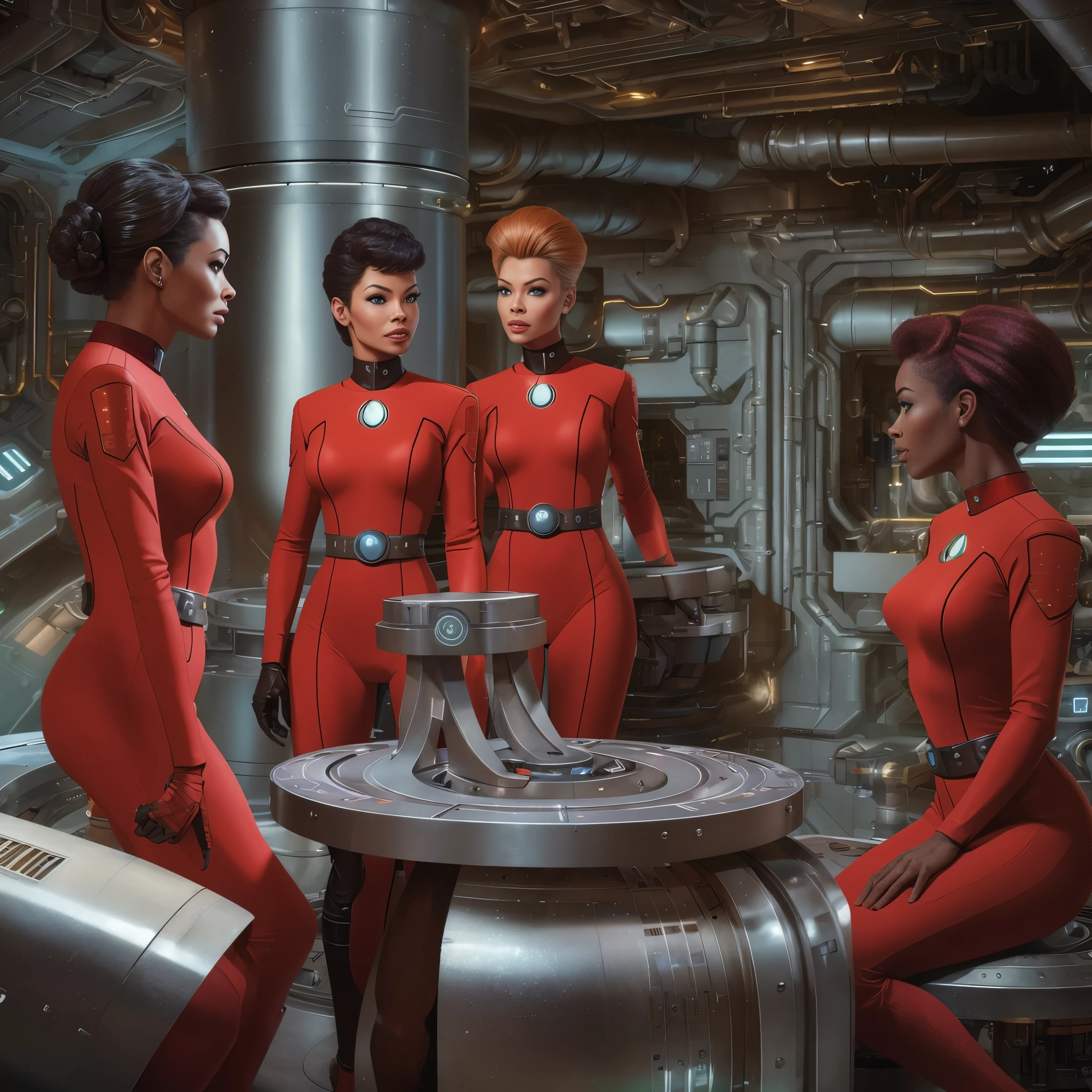 engine room, futuristic technology,female engineers, Uhura-inspired, vibrant red uniform, Seven of Nine-inspired, sleek silver uniform,atompunk elements, analog dials, Star Trek aesthetics, 1960s sci-fi, photorealistic style, detailed textures,dynamic conversation pose, natural lighting,futuristic machinery, seamless integration,bold color contrasts, deep shadows,optimistic future, collaborative spirit,