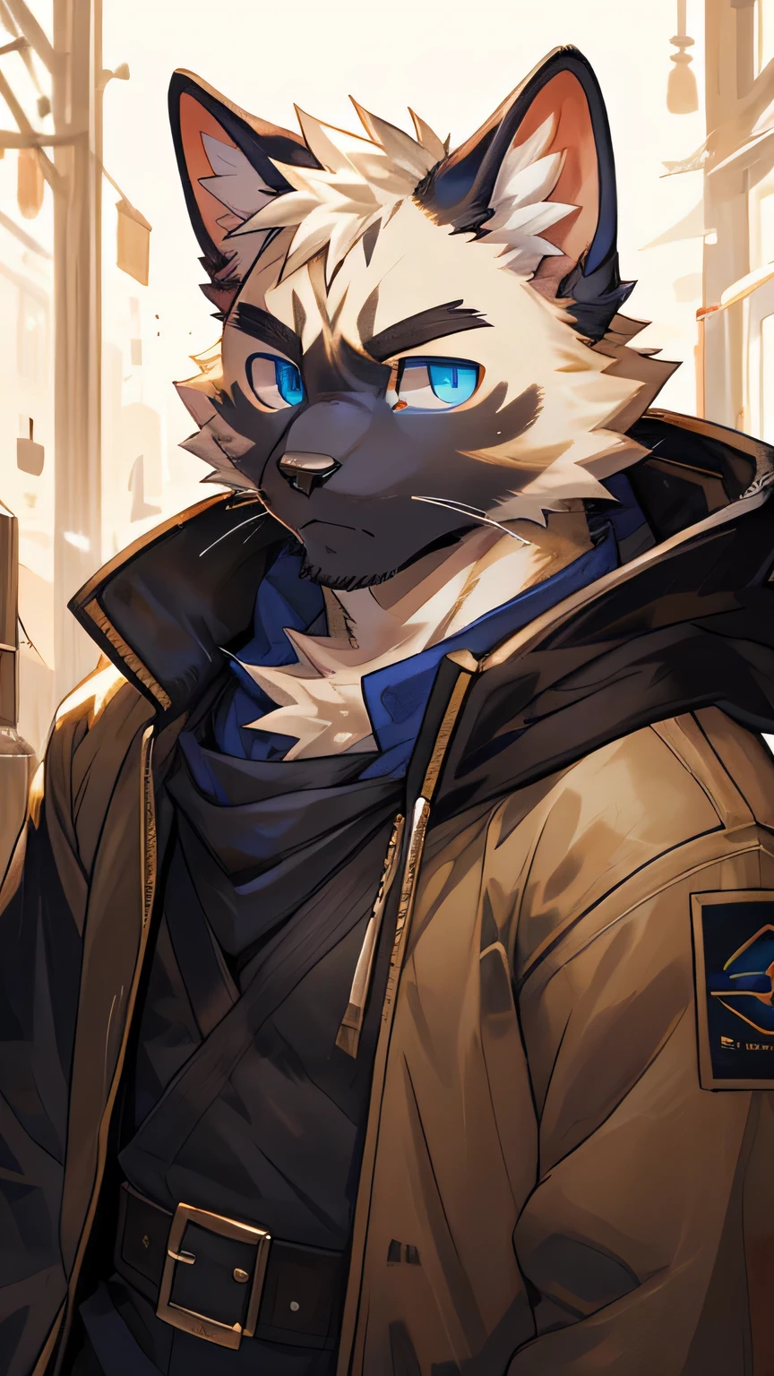 masterpiece，high quality，perfect anatomy，furry，anthro cat，Siamese cat，male， niji5，blue pupils，bright eyes，detailed face，by kiyosan，close up face