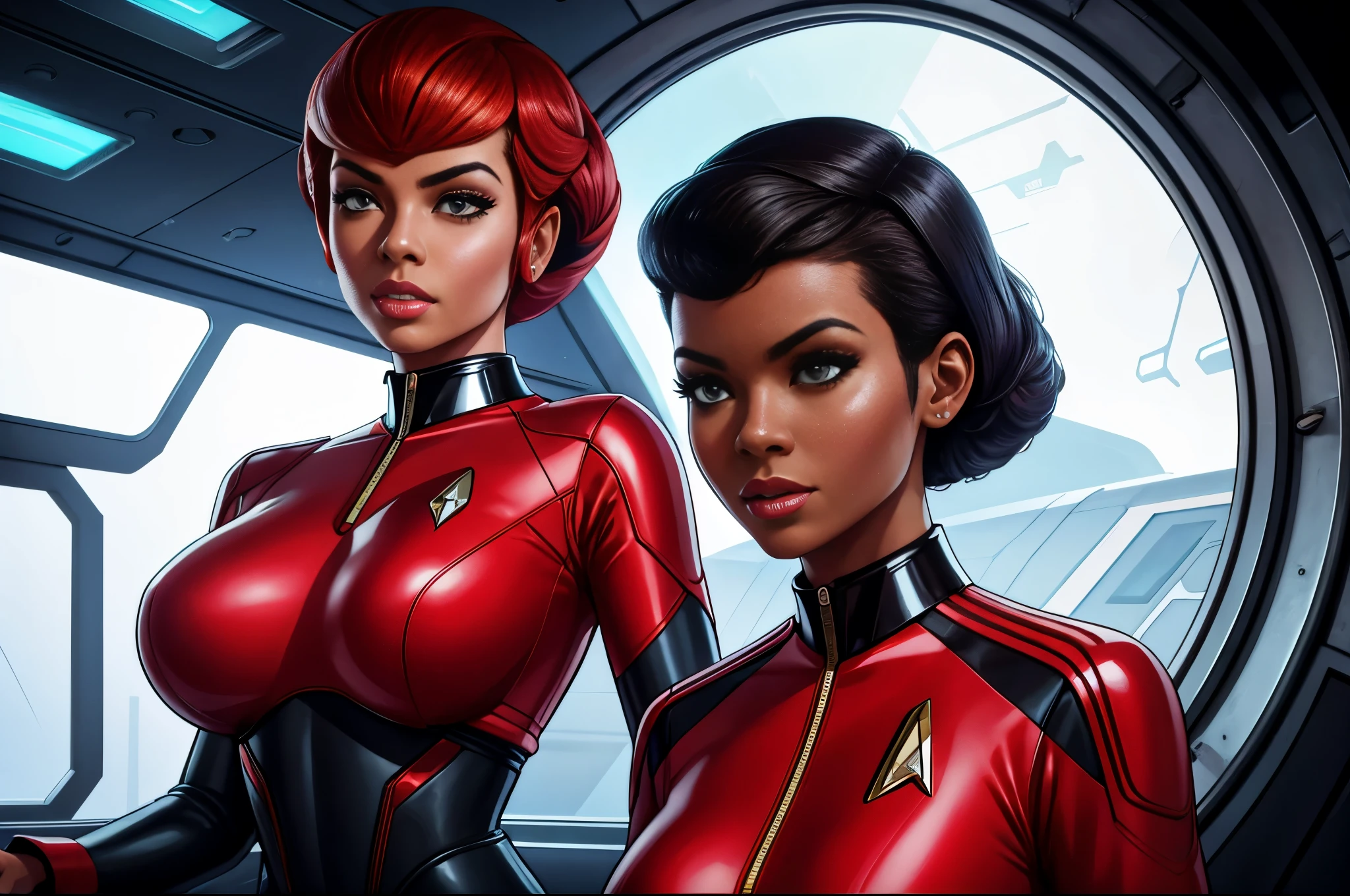engine room, futuristic technology,female engineers, Uhura-inspired, vibrant red uniform, Seven of Nine-inspired, sleek silver uniform,atompunk elements, analog dials, Star Trek aesthetics, 1960s sci-fi, photorealistic style, detailed textures,dynamic conversation pose, natural lighting,futuristic machinery, seamless integration,bold color contrasts, deep shadows,optimistic future, collaborative spirit, 2girls, flirting, lesbian