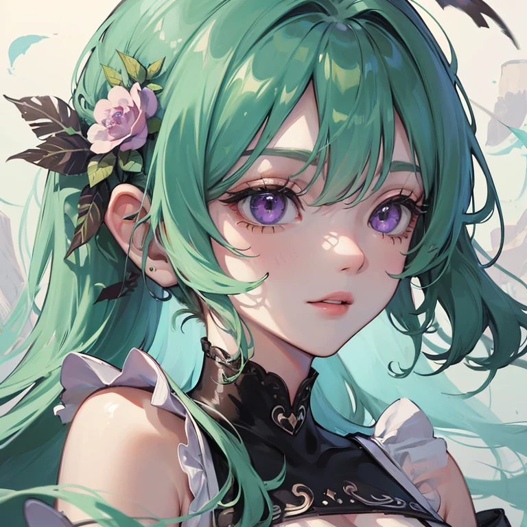 (best quality:1.3),(masterpiece:1.3),(illustration:1.3),(Super detailed:1.3),(imide shot:0.9),, , , 1 girl,alone,very young,Upper body,short neck,small breasts,, , from the side,from below,close up,, , , purple eyes,jewel eyes,extremely detailed eyes,extremely detailed face,(seductive smile:0.8),(open mouth:0.3),, , , dirty stream, muddy water, garbage floating, rotten stench, unforgettable melody, scattered syringes, The Contaminated Mystery, abandoned tranquility, the forgotten path, Pebble river bed , Double tail, maid,Green hair,