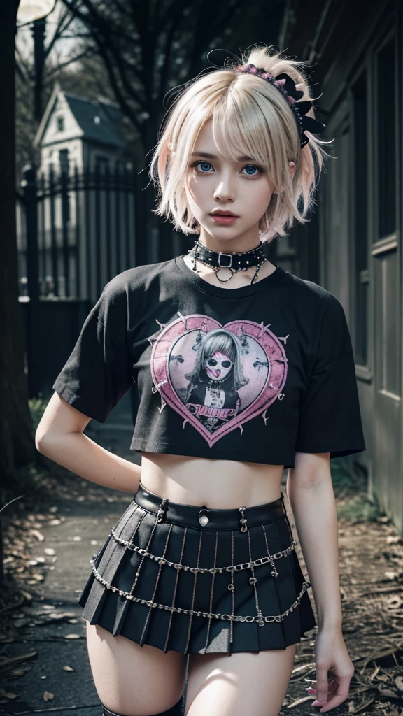 (Ultra-detailed eyes), (((textile shading))), (((Best Quality))), (((masutepiece))), (((Ultra-detailed CG))), sassy girl, (((magical ))), (), (tiny chest), blonde hair, blonde hair, blonde hair, blonde hair, Spooky Season In Punk hairstyle, ((short hair, gorgeous hair)), Pink eyes, (((Spooky Season In Punk Outfits))), ((spooky punk a pose)), (((Game CG)) (gorgeous, sassy, it girl), fancy jewelry, haunted house, dark day, strong Spooky Season In Punk atmosphere, strong haunted house atmosphere, cowboy shot, midshot, centered image, eye on camera, heart panel baby tee, black pleated mini skirt, pastel color