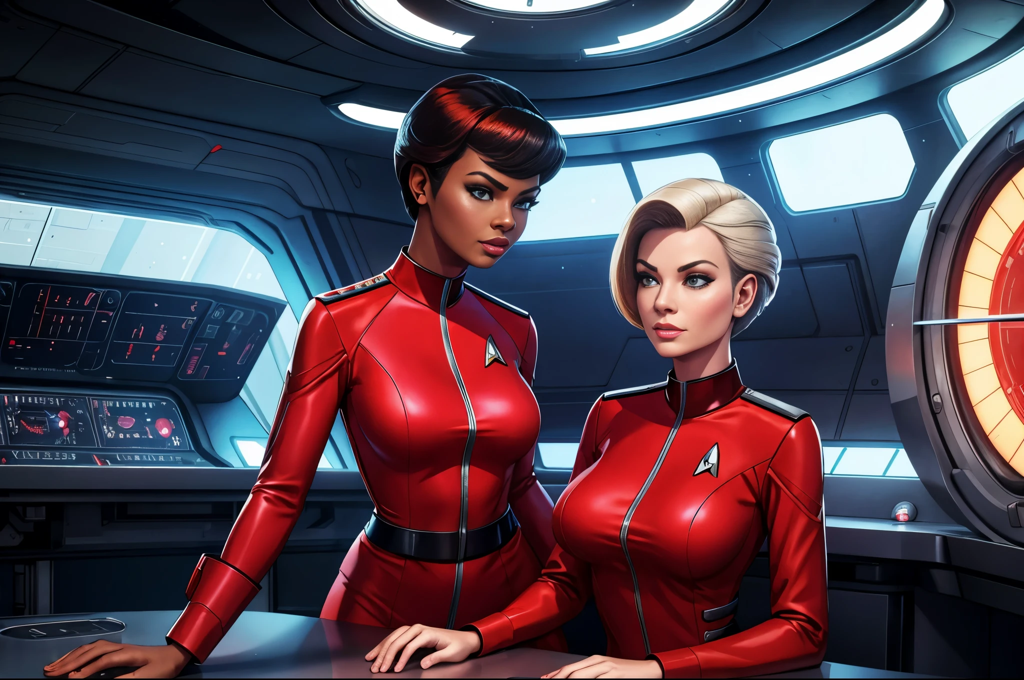 2girls, engine room, futuristic technology,female engineers, Uhura-inspired, vibrant red uniform, Seven of Nine-inspired, sleek silver uniform,atompunk elements, analog dials, Star Trek aesthetics, 1960s sci-fi, photorealistic style, detailed textures,dynamic conversation pose, natural lighting,futuristic machinery, seamless integration,bold color contrasts, deep shadows,optimistic future, collaborative spirit,