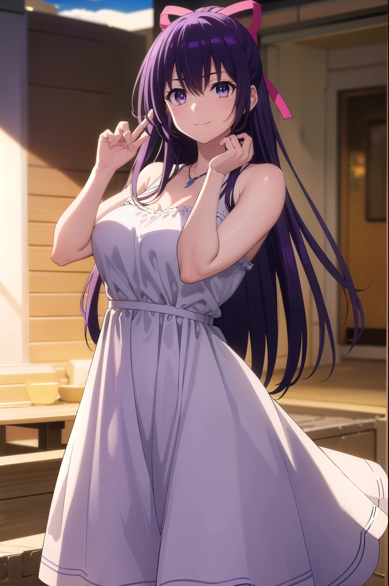 tohkayatogami, tohka yatogami casual, long hair, purple hair, alluringly smile, one piece dress, cream dress, knit fabric, tight dress, cold shoulder, off shoulders, short sleeve , necklace, ribbon , (purple eyes:1.1), hair ribbon, ponytail, purple hair, white ribbon,g cup breasts, plump butt, at home, in living room, seducing pose
BREAK ,
BREAK outdoors, city, people, crowd, sky, clouds, sun, blue sky,
BREAK looking at viewer, (cowboy shot:1.5),
BREAK (masterpiece:1.2), best quality, high resolution, unity 8k wallpaper, (illustration:0.8), (beautiful detailed eyes:1.6), extremely detailed face, perfect lighting, extremely detailed CG, (perfect hands, perfect anatomy),