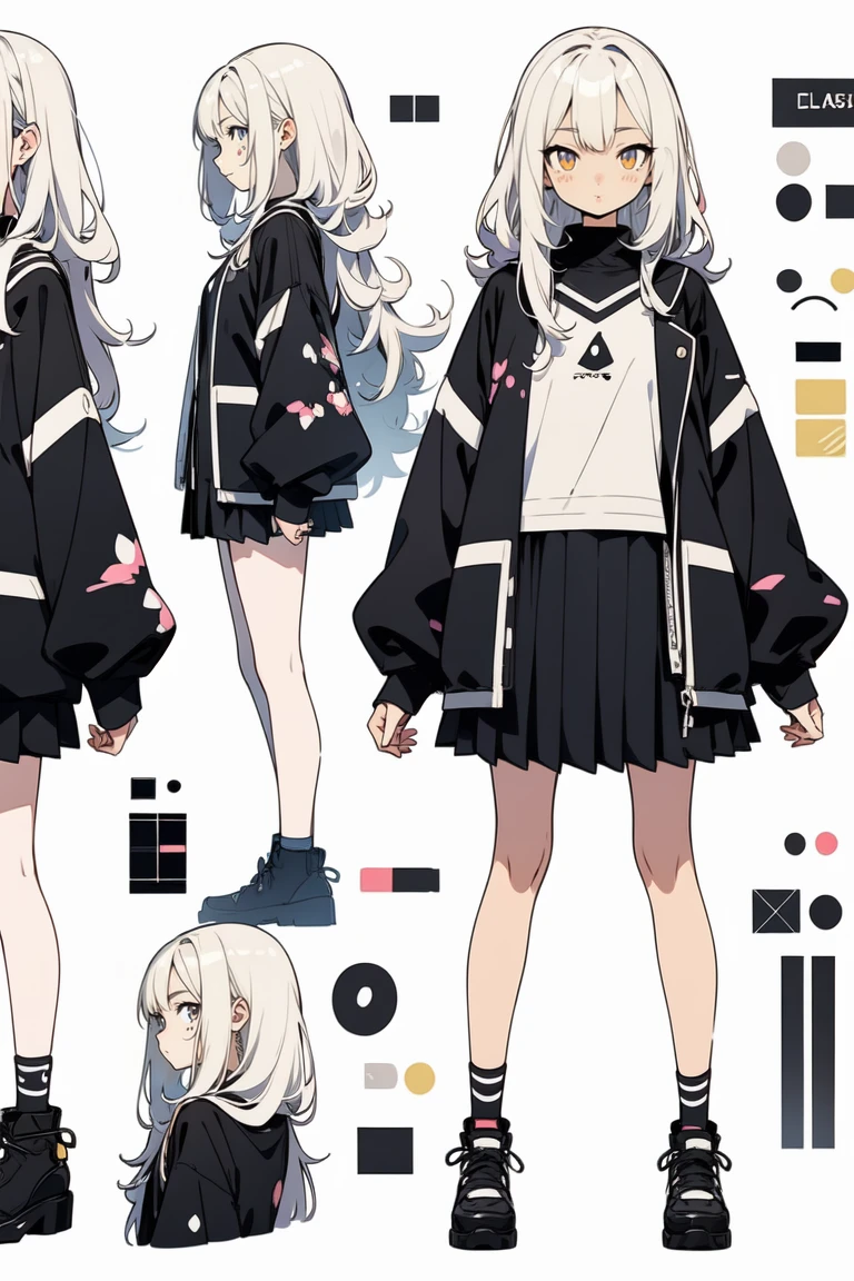 1 Solo girl, anime illustration, refsheet, turnaround, girl, anime styled, character design, 2d, oversized black sweater and a skirt, black and gray, light skin,very long hair,  white hair, yellow eyes, White background