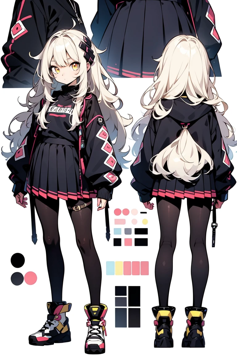 1 Solo girl, anime illustration, refsheet, turnaround, girl, anime styled, character design, 2d, oversized black sweater and a skirt, black and gray, light skin,very long hair,  white hair, yellow eyes, White background