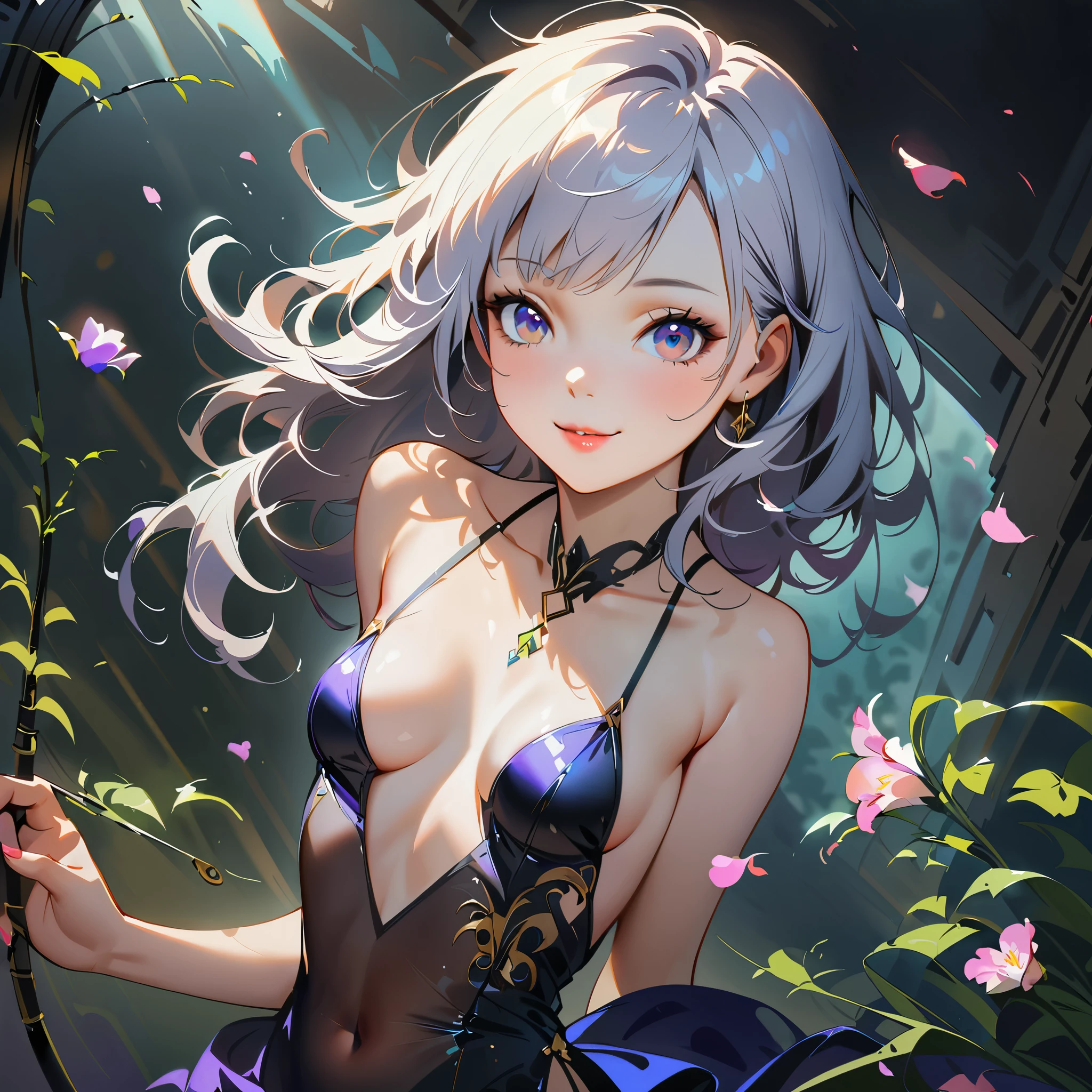 ((Create MaxZenArt!)), (Yuna), (young girl, , naked, full length, naked body, dark hair, light skin, scarlet lips, smile; black, expressive playful eyes, long eyelashes))_((Top quality, masterpiece), (one young girl - 16 years oldl length, white hair, white skin, scarlet lips-smile; black, expressive playful eyes, long eyelashes), (black translucent - chiffon dress, gold line, very short peignoir dress, (erotica), (sexuality), (very sexy body, seductive body, small beautiful breasts, genitals), (calm relaxed pose, hair fluttering in the wind, half turned, look at the viewer, stylish girl- model))_((Digital painting, wide brush strokes, outstanding skill, oil painting), (daylight, soft warm shadows, contrasting cold light, reflexes, refraction, tracing))_((background - stunning blooming irises; ( purple, yellow, blue, white), (petals, shoots))_((Highest quality workmanship, realism, digital painting, modern brushwork, clear correct anatomy, grace, simplicity of execution))