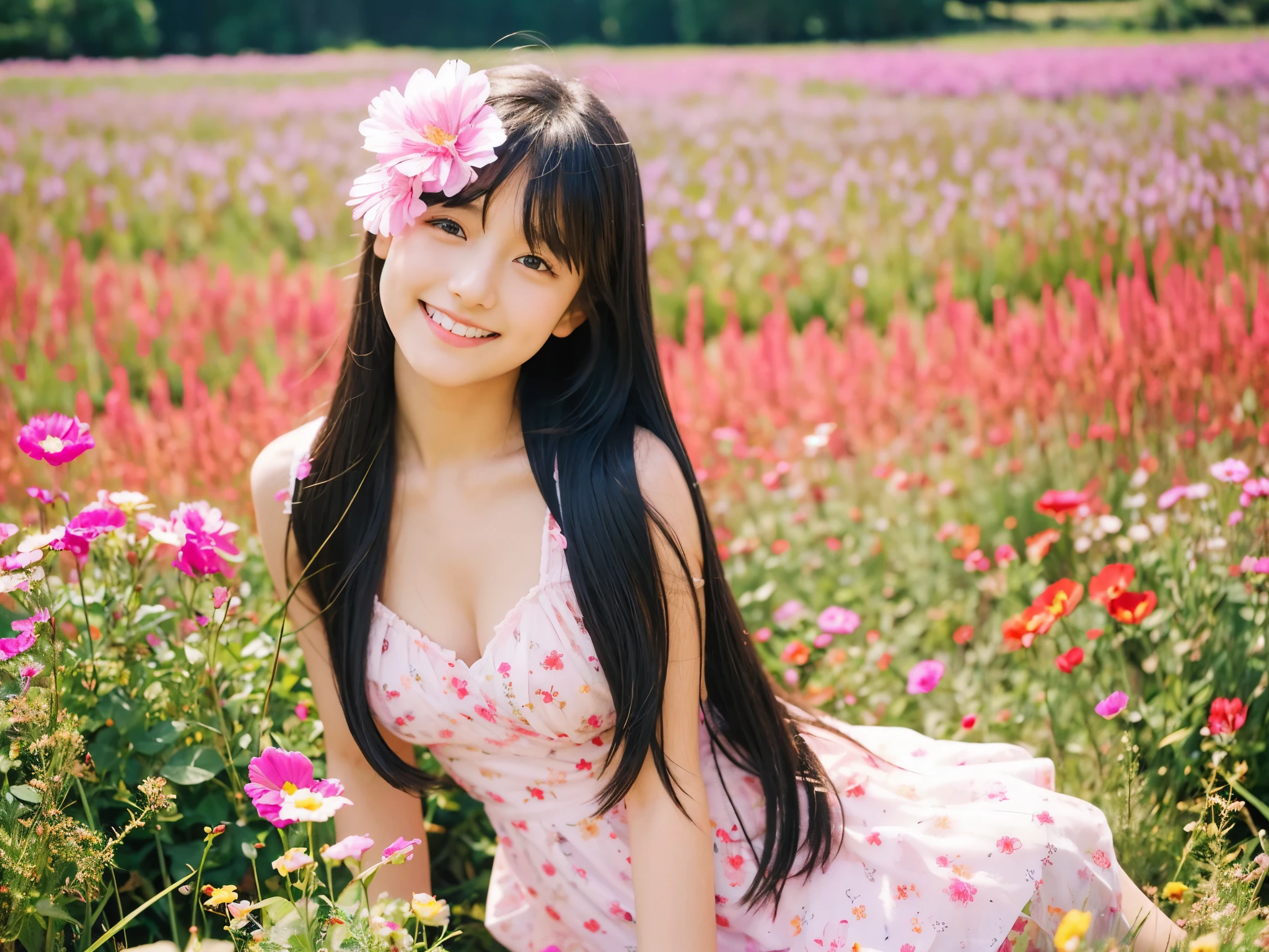 A young, cute and kind girl
long hair with no curls
(black hair)
calm smile
D cup breasts
girl wearing a camisole
(white camisole)
A flower garden all over the ground
(pink flower field)
clear and beautiful sky
contrails in the sky
japanese girl