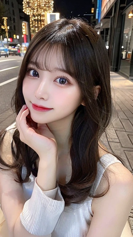 table top, highest quality, shape, Super detailed, finely, High resolution, 8k wallpaper, 完璧なダイナミックな構shape, beautiful and detailed eyes, winter dress,medium hair, small breasts, natural color lip, random sexy pose,smile,、20 year old girl、midnight、Beautiful and dense face、perfect and beautiful face,Big eyes、Raw photo、Spread your arms and legs wide、Express your best mood with your whole body、beautiful and detailed eyes、small face、beautiful duplex、slim face and style,blur the background