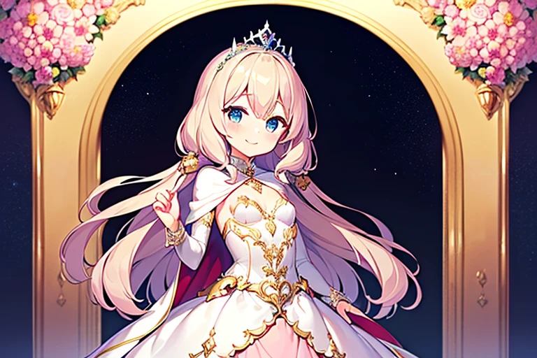 (kawaii),(best quality),(ultra detailed), upper body,(rococo style),(long train pastel pink cape:1.15), very long cape,(long train white ball gown with flower decorations), a girl is wearing a cape over her gown, 1 little princess, tiara, smile, small breasts, very long hair