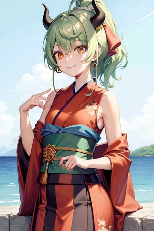 masterpiece, ((ultra detailed background, delicate pattern, intricate detail)), (highly detailed, fine details), best quality,beautiful lighting, (((medium breasts, slim girl, very slim girl))), (cowboy shot), YamatoV2, long hair, 1girl, horns, white hair, solo, oni, red horns, curled horns, hair ornament, (multicolored horns), jewelry, earrings, japanese clothes, kimono, hair stick, sleeveless, bare shoulders, aqua hair, sidelocks, hoop earrings, hakama, smile, wide smile, ((orange eyes)), complex detailed background, outside, nature environment, rocks, sunny, blue sky, sky,