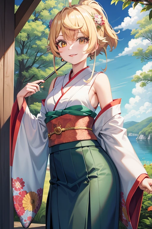 masterpiece, ((ultra detailed background, delicate pattern, intricate detail)), (highly detailed, fine details), best quality,beautiful lighting, (((medium breasts, slim girl, very slim girl))), (cowboy shot), YamatoV2, long hair, 1girl, horns, white hair, solo, oni, red horns, curled horns, hair ornament, (multicolored horns), jewelry, earrings, japanese clothes, kimono, hair stick, sleeveless, bare shoulders, aqua hair, sidelocks, hoop earrings, hakama, smile, wide smile, ((orange eyes)), complex detailed background, outside, nature environment, rocks, sunny, blue sky, sky,
