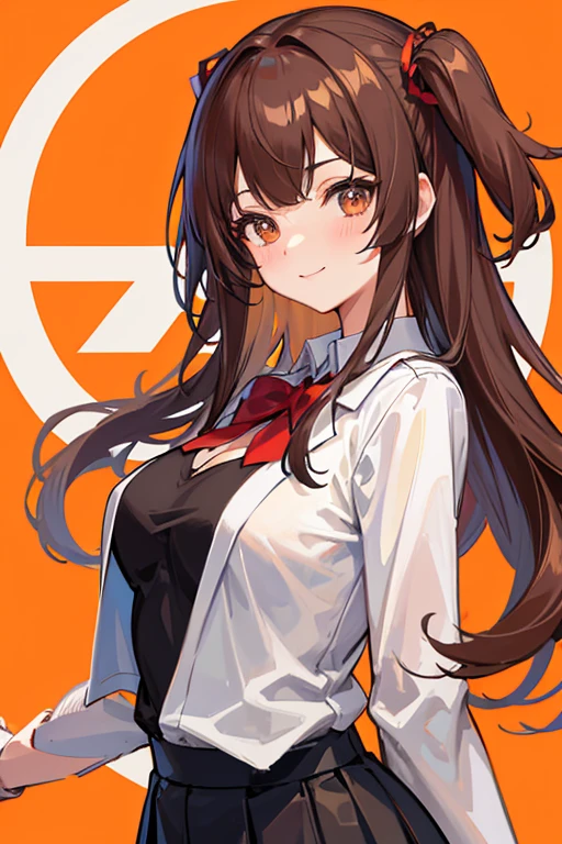 best quality, masterpiece, highres, solo, {mayuzumi_fuyuko_theidolmstershinycolors:1.15}, brown_hair, bangs, long_hair, blush, brown_eyes, blunt_bangs, breasts, two_side_up, smile, medium_breasts, 1girl, black_skirt, long_sleeves, looking_at_viewer,one-piece,orange_background, upper_body