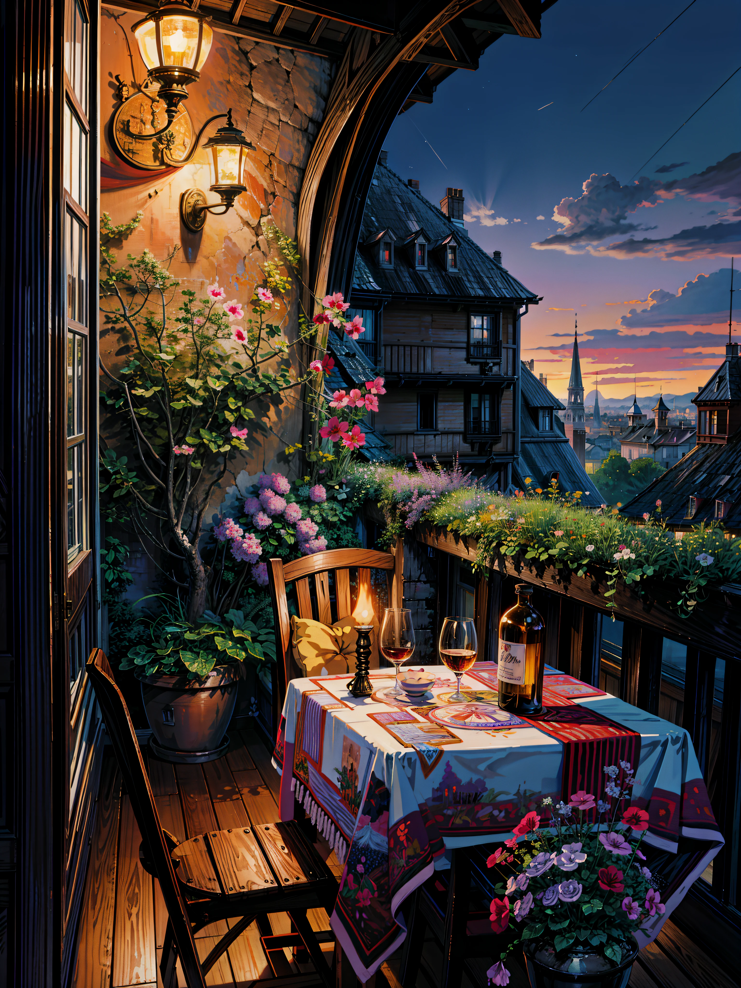 a painting of a table and chairs on a balcony, by Evgeny Lushpin, beautiful terrace, inspired by Evgeny Lushpin, rooftop romantic, romantic atmosphere, tomas kinkade, terrace, dreamy night, paris background, serene evening atmosphere, romantic scene, thomas kinkade style painting, thomas kinkade painting, romanticism painting, kinkade, by Thomas Kinkade,  4k hd,, beautiful art uhd 4 k, a beautiful artwork illustration, beautiful digital painting, highly detailed digital painting, beautiful digital artwork, detailed painting 4 k, very detailed digital painting, rich picturesque colors, gorgeous digital painting