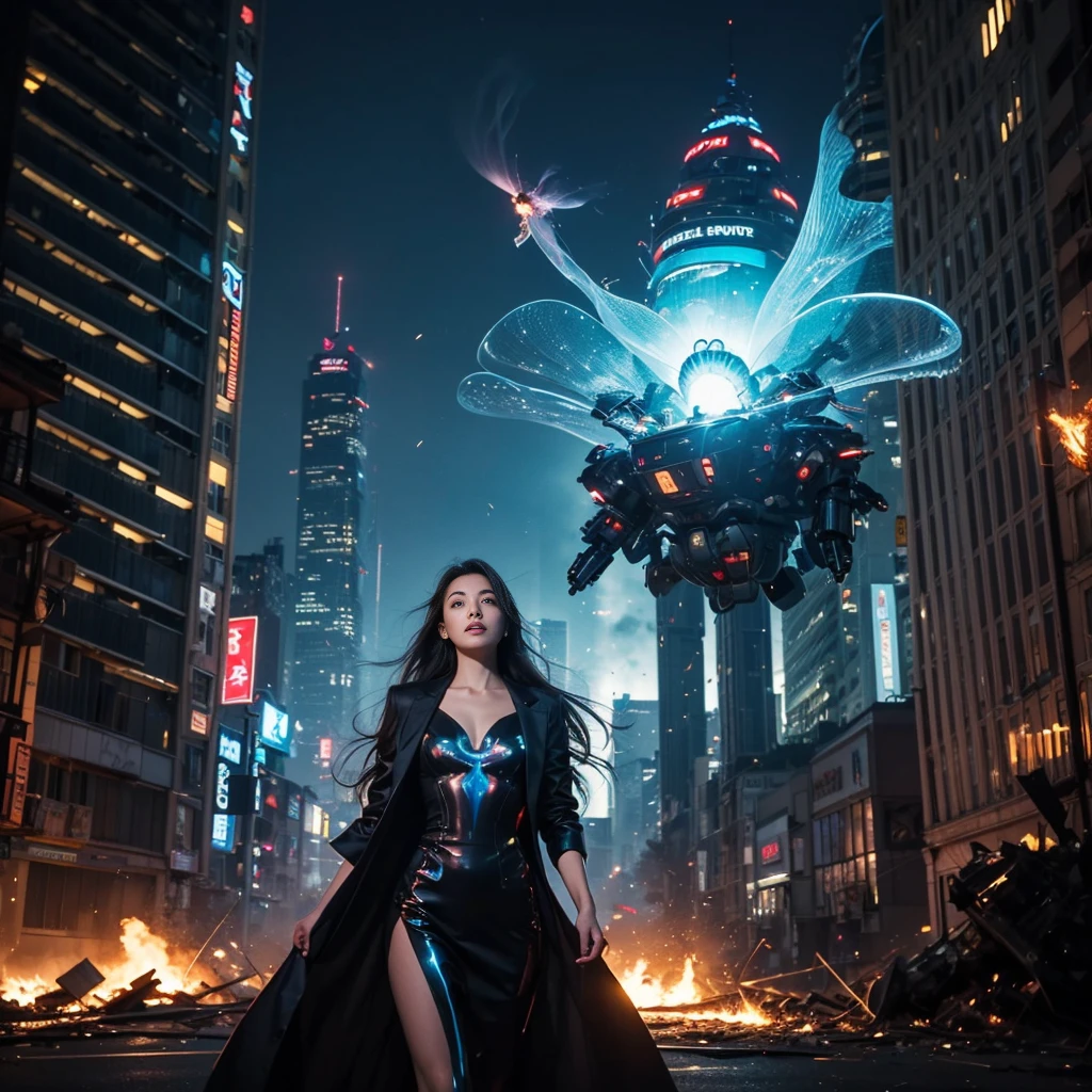 (highest quality、4k、8K、High resolution、masterpiece: 1.2)、Super detailed、(genuine、photogenuineistic、photogenuineistic: 1.37)、Destruction of a Great City、(A woman with telekinesis stands in front of a mech controlled by the invaders:1.37) 、(Women are young and beautiful、18-year-old、unparalleled beauty:1.5)、Insert a mental barrier to resist robot attacks、Vibrant cityscape、bright colors、Shining skyscrapers、Busy Street、Futuristic architecture and technology、Advanced Holographic Displays、Neon light splashes 、dramatic lighting、intense shadow、The awe-inspiring power that women exude、determination in his eyes、Elegant flowing gown、Dynamic action in the wind、Stretch out your arms and lunge towards the robot.、Powerful energy is emitted from the hands.、blue shining aura、sparks of electricity、electricity crackling in the air、A whirlpool of energy surrounding women、A fascinating and surgenuine atmosphere、A sense of danger and impending doom、Background chaos and destruction、Crumbling Building、flying debris、Smoke and flames、 The contrast between beauty and destruction、The battle between technology and the extraordinary power of young women。 cr1r3