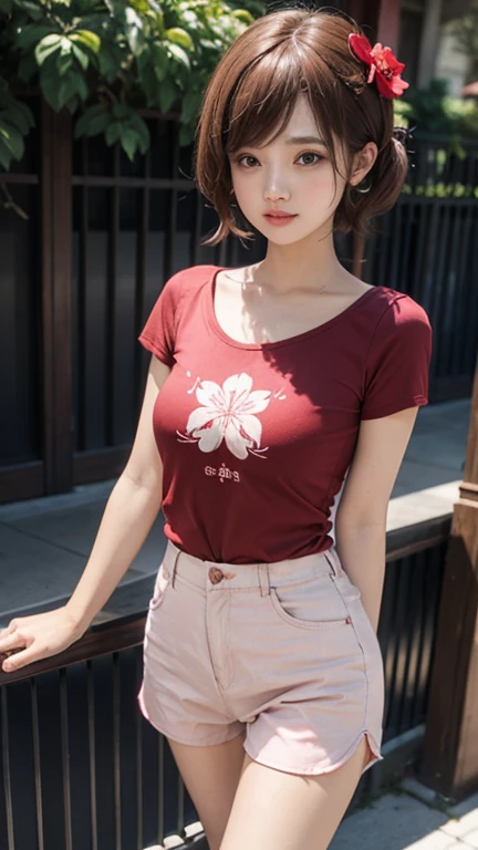 light red thin flower pattern T-shirt , Short pants , medium breast