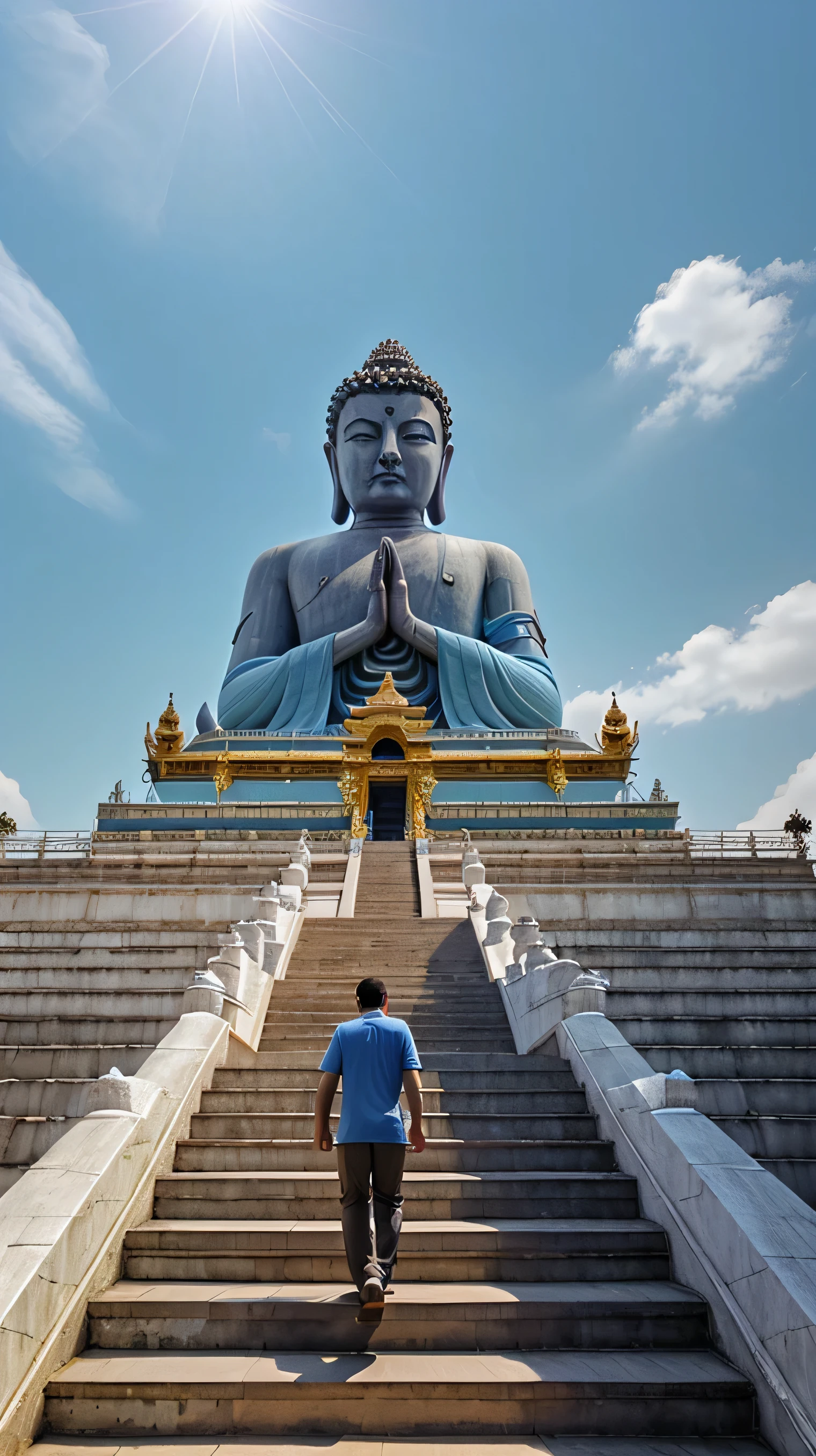 A man walk on stair in front budha blue sky  in temple hdr effect