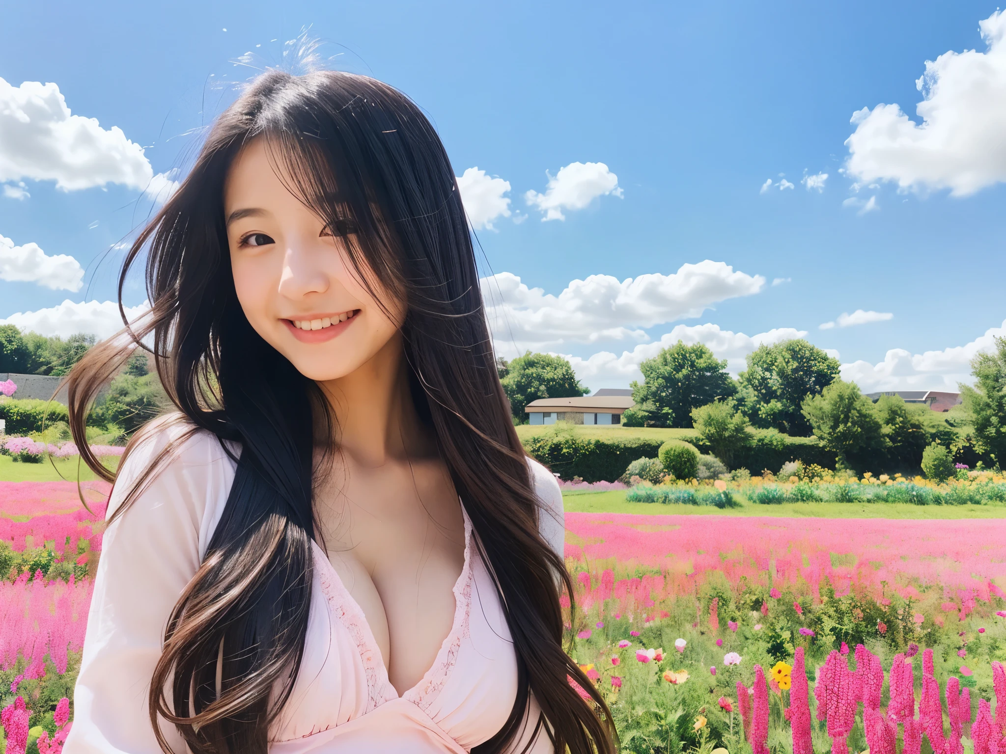 A young, cute and kind girl
long hair with no curls
(black hair)
calm smile
D cup breasts
girl wearing a camisole
(white camisole)
A flower garden all over the ground
(pink flower field)
clear and beautiful sky
contrails in the sky
japanese girl